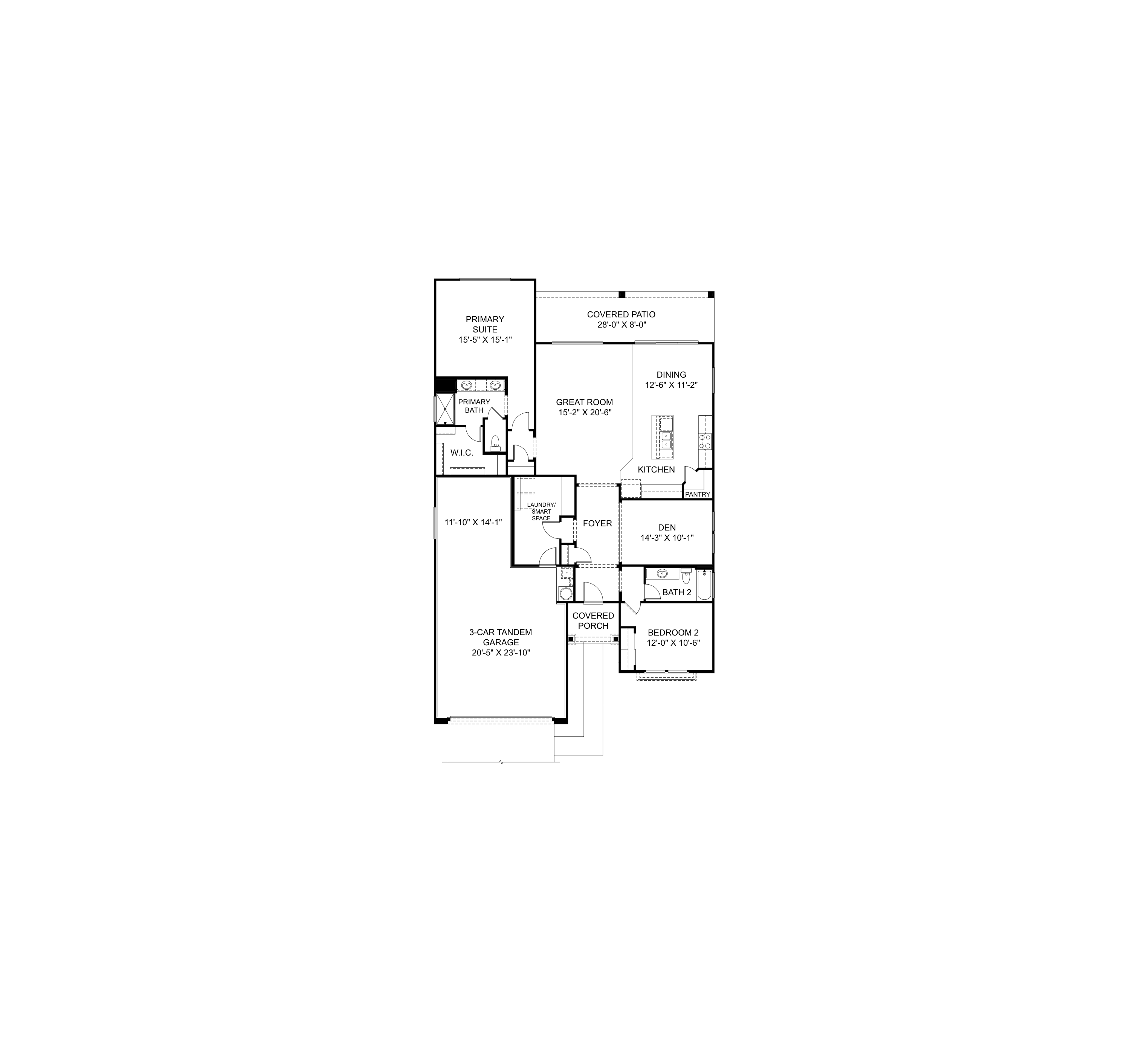 Durango II floor plan showcasing primary suite, open great room, kitchen, dining, and 3-car tandem garage