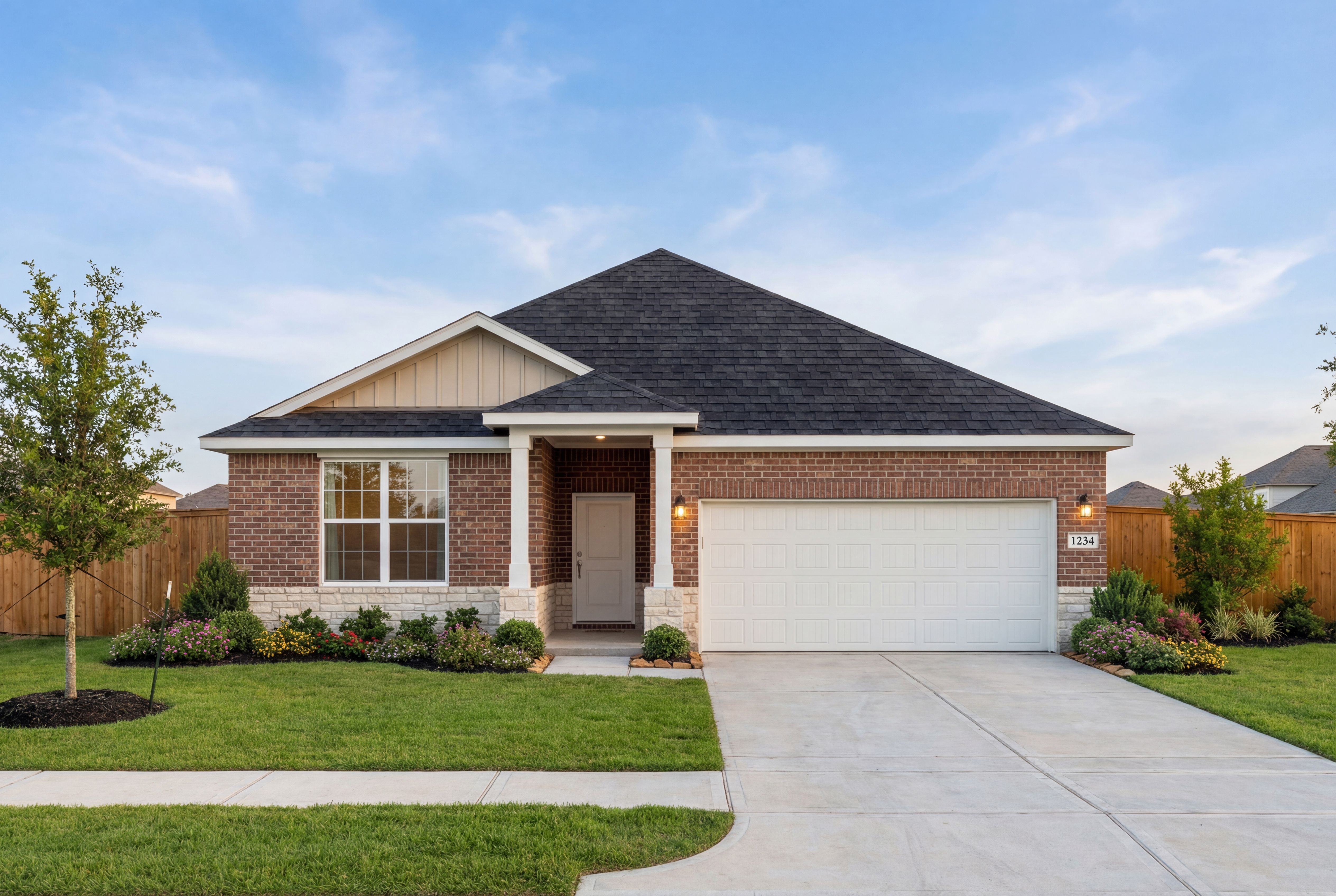 Front elevation of The Daphne F single-story home with brick siding, 2-car garage, gabled roof, and landscaped yard in Crosby, Texas