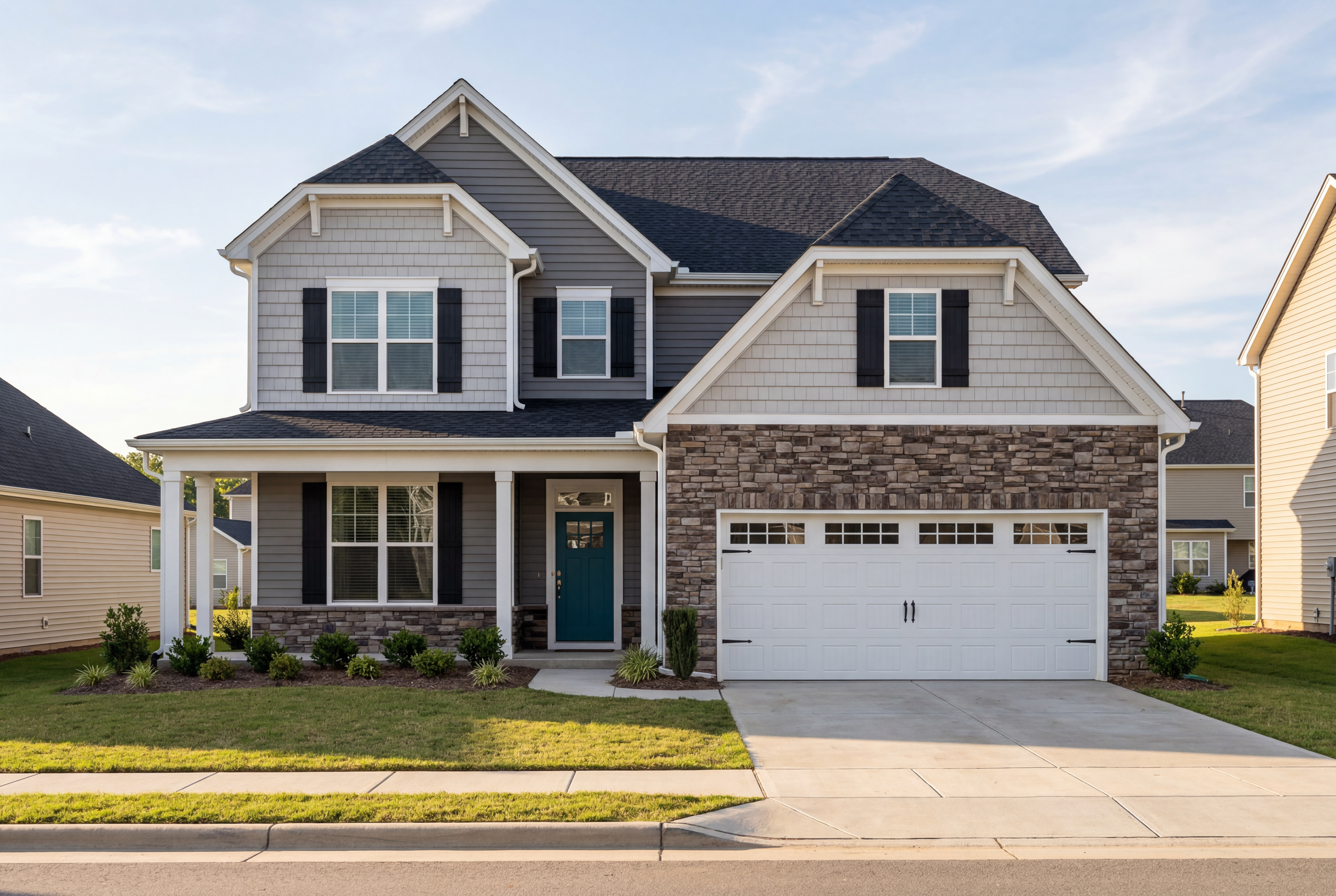 Modern two-story The Ash home elevation featuring gray siding, stone accents, covered porch, teal door, and two-car garage