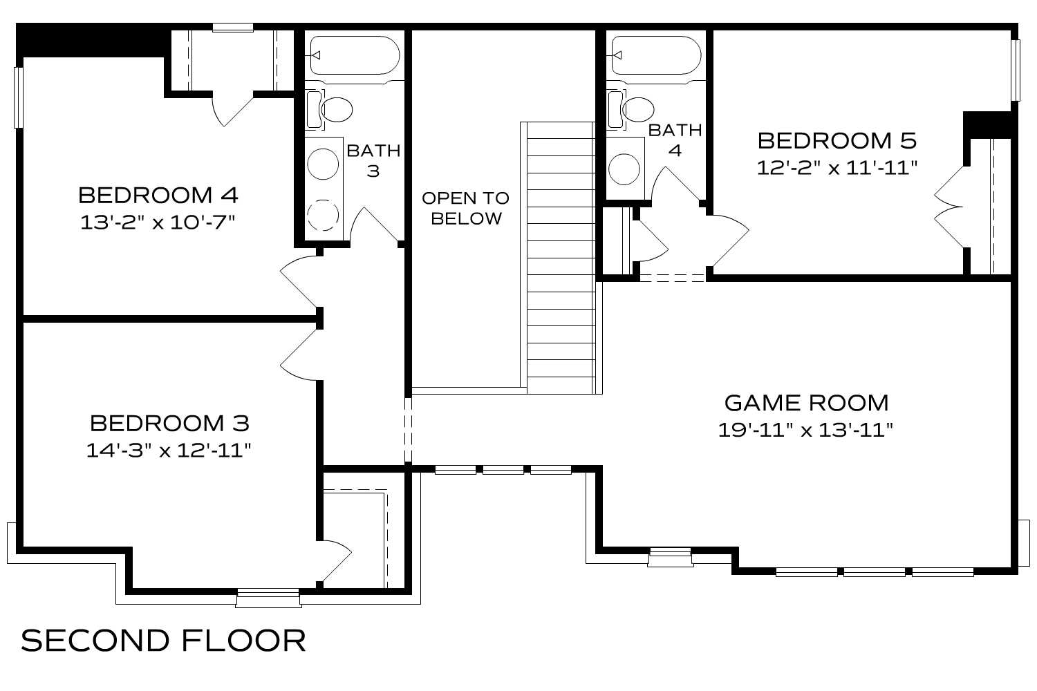 The Haven second floor plan featuring three bedrooms, two full baths, and 19x13 game room in 5-bedroom Alabama home