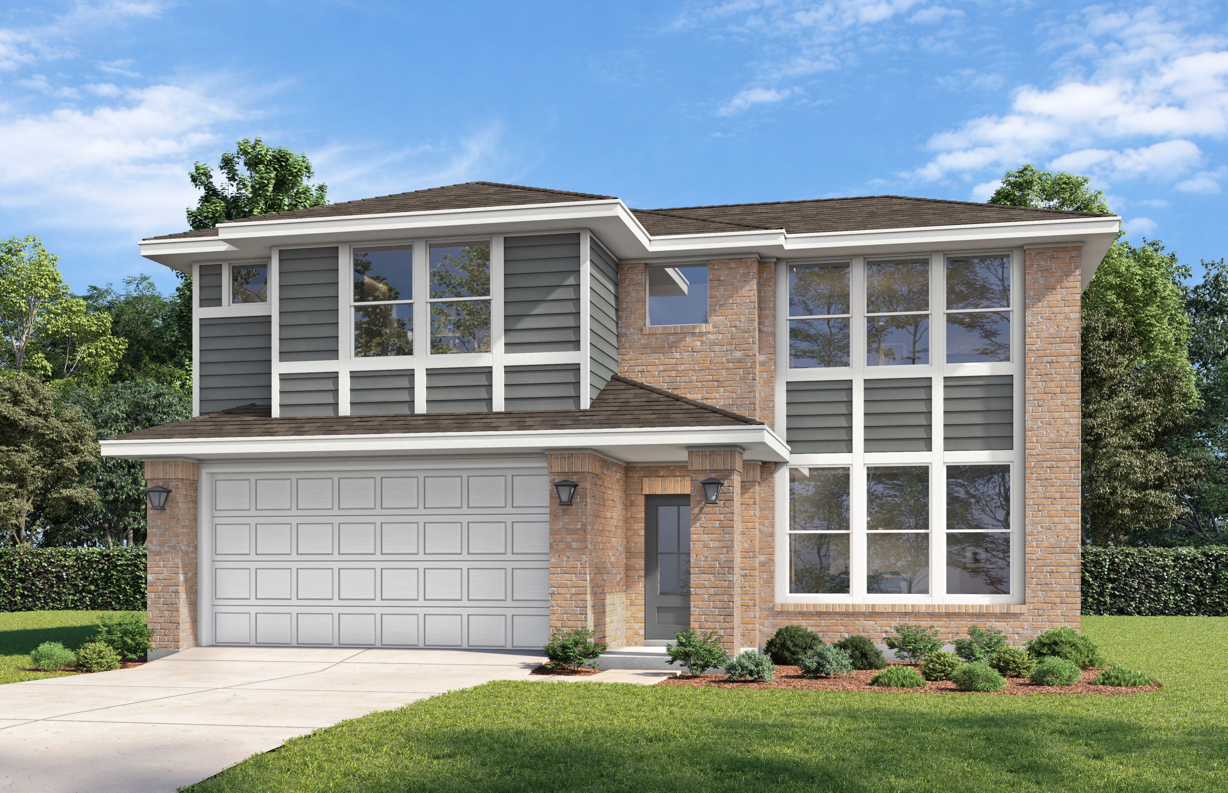Two-story Stella C home elevation with brick and gray siding, large windows, two-car garage, and landscaped yard in Auburn