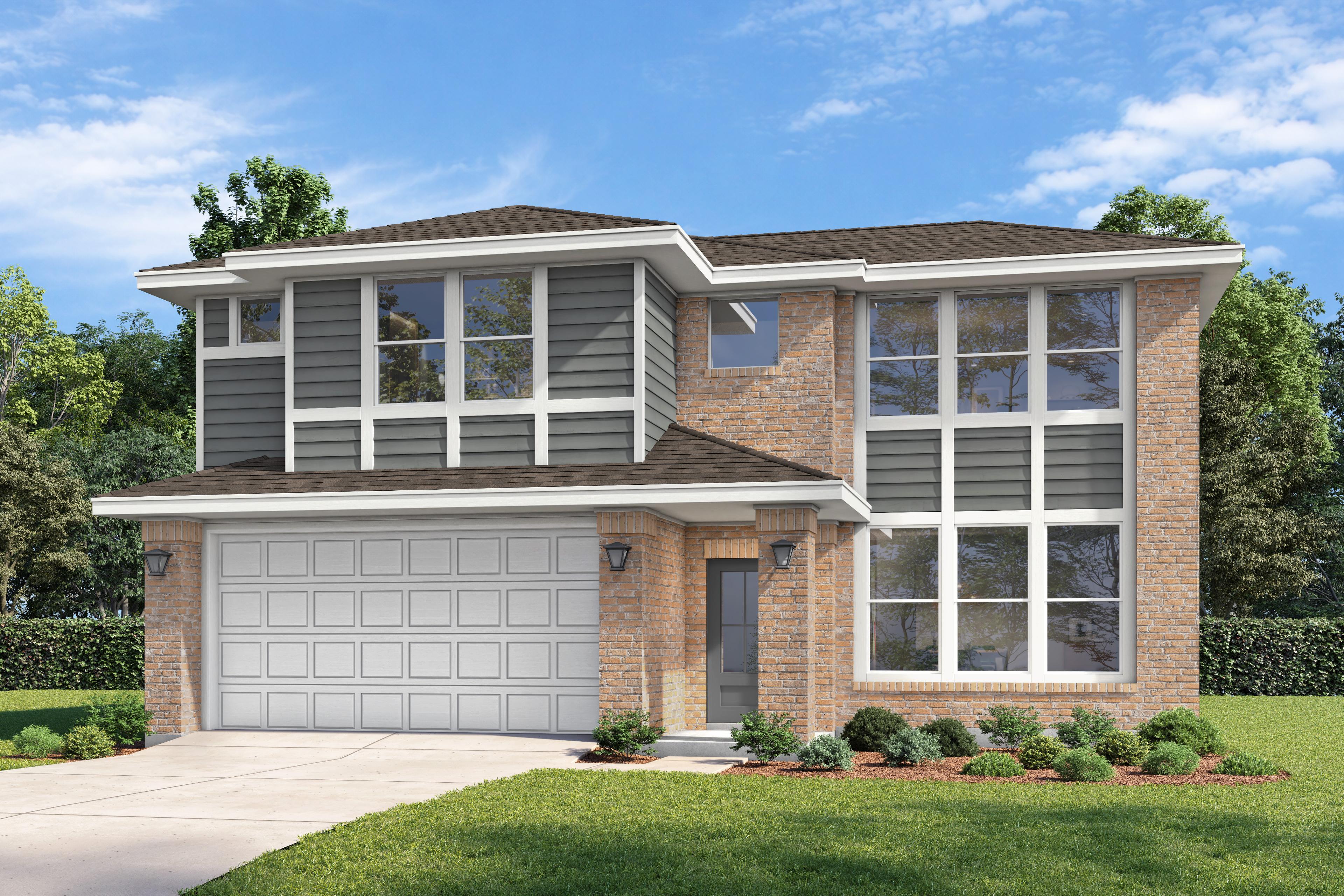 Two-story Stella C home elevation with brick and gray siding, large windows, two-car garage, and landscaped yard in Auburn