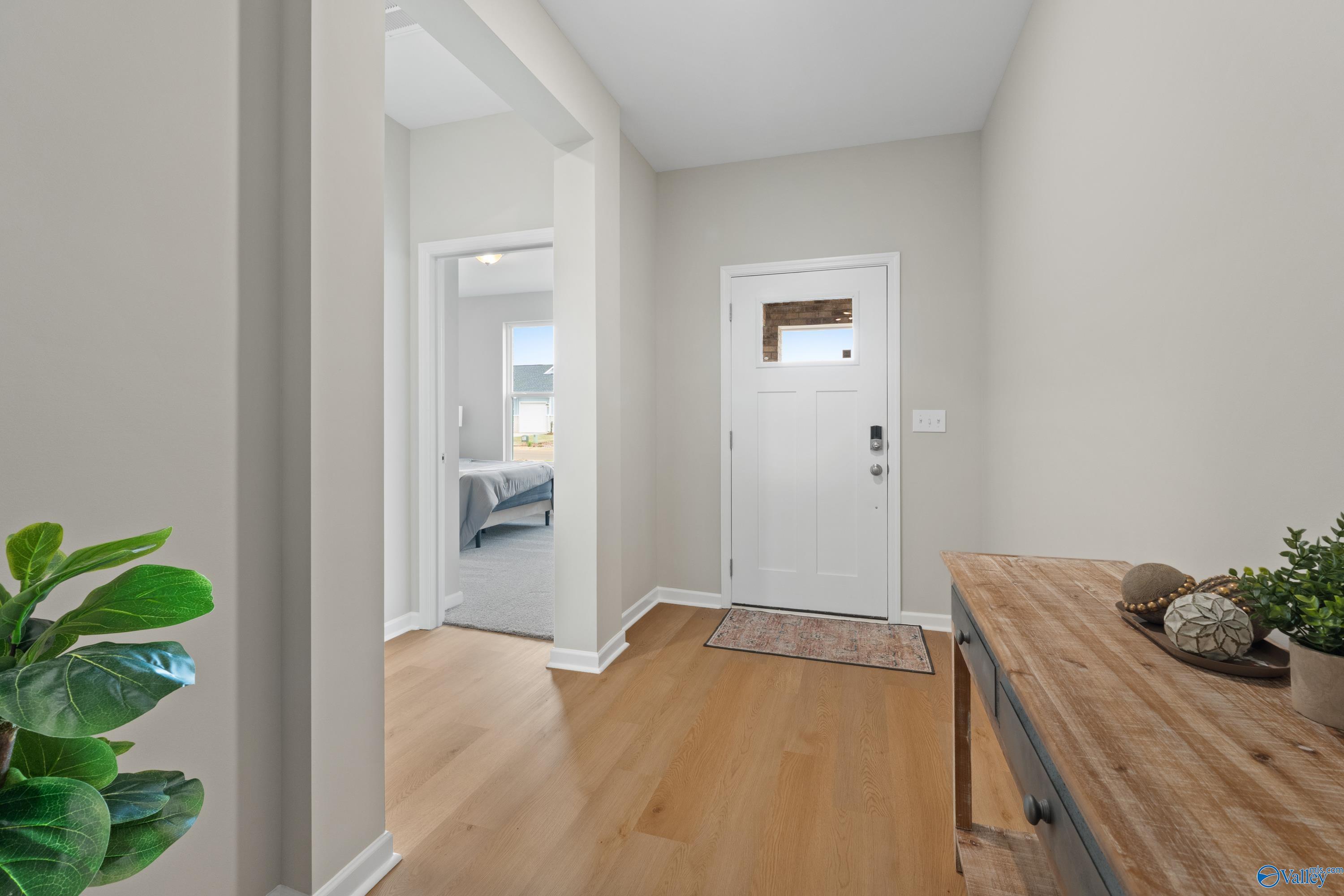 Bright hallway with hardwood floors, white entry door, and decorative plant table in Davidson Homes The Luna, Hazel Green, Alabama