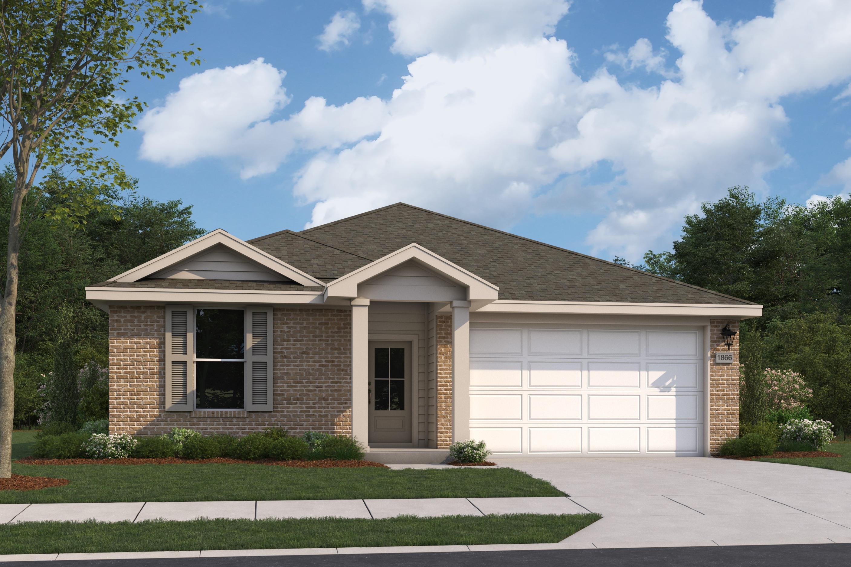 Brick exterior elevation of The Aurora A single-story home by Davidson Homes in Opelika, AL, featuring 2-car garage and front porch