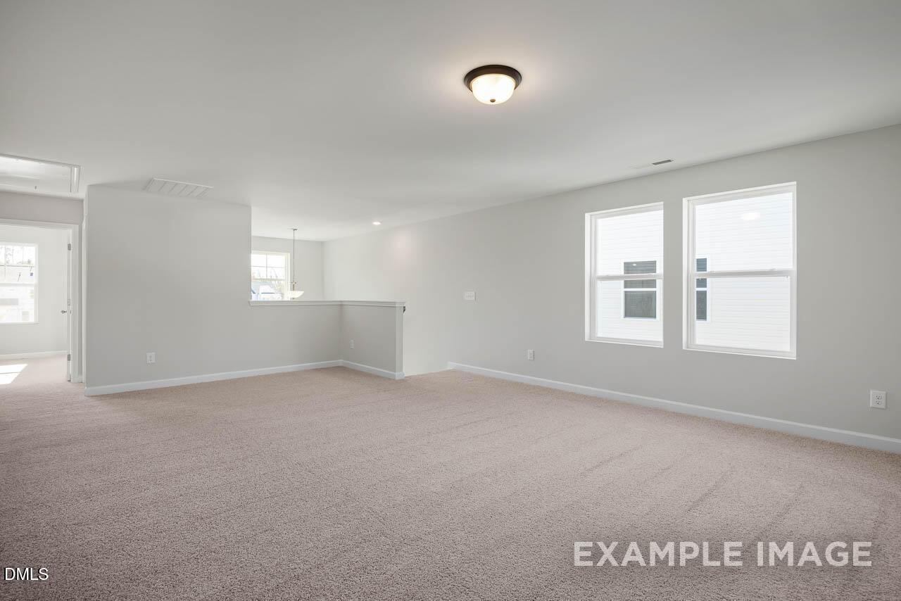 Spacious upstairs loft overlook with beige carpet, neutral walls, and large windows in Davidson Homes The Adalynn A, Lillington NC