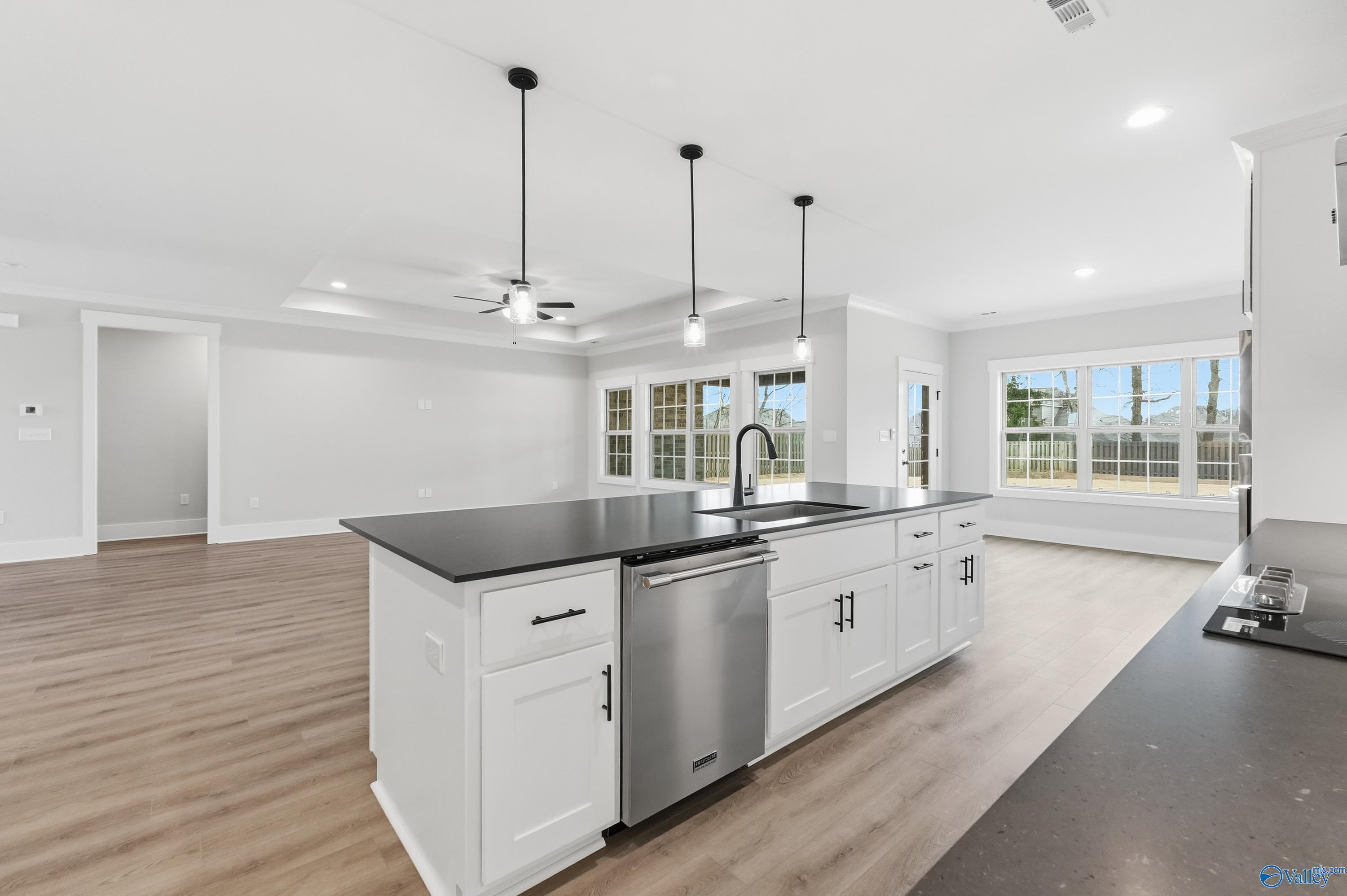 Modern open-concept kitchen with black granite island, stainless dishwasher, white cabinets, and large windows in Davidson Homes The Finleigh, Meridianville, Alabama