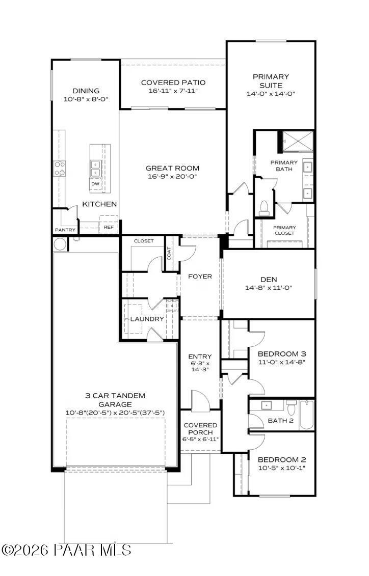 Detailed floor plan of Davidson Homes Harmony A: 3-bed, 2.5-bath, 2,146 sq ft single-story layout with 3-car garage in Prescott Valley, AZ