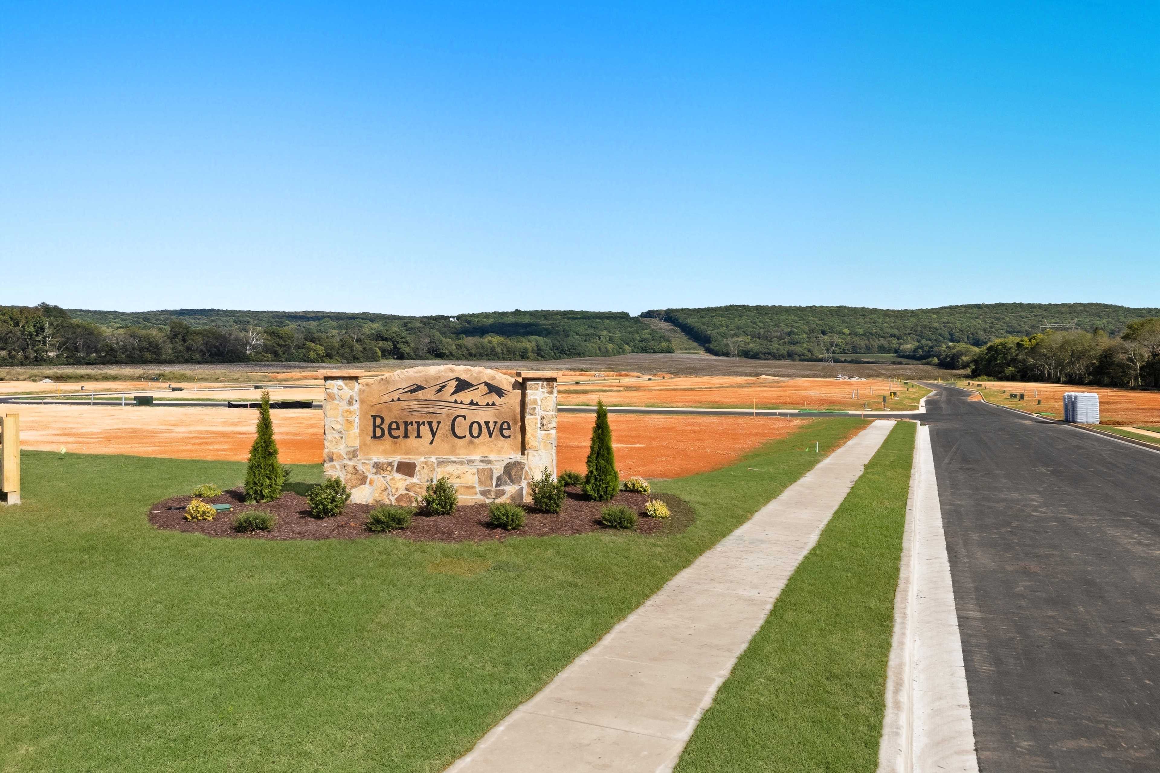Berry Cove entrance sign in New Market Alabama with stone pillar landscaped shrubs evergreens and paved road