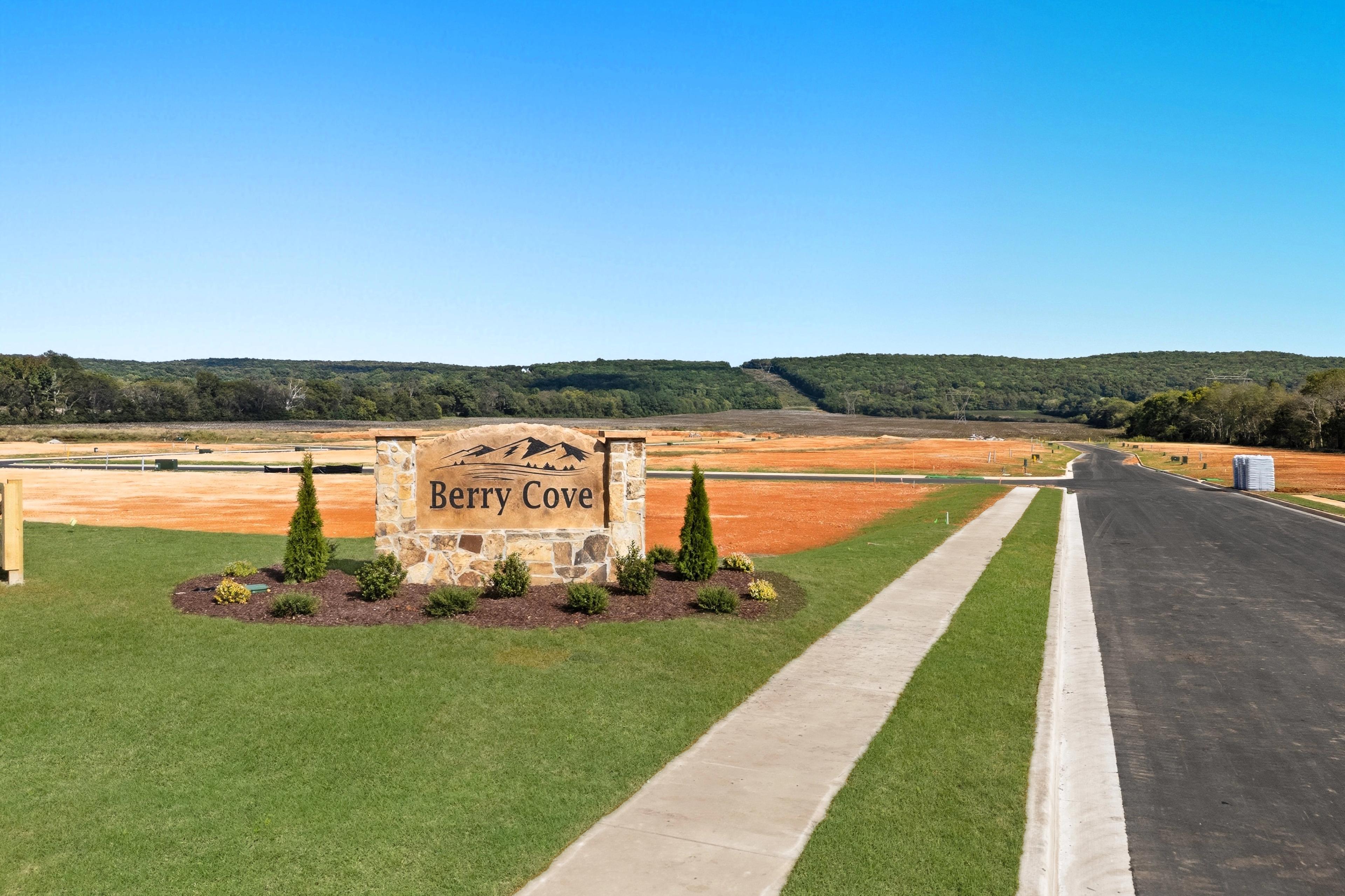 Berry Cove entrance sign in New Market Alabama with stone pillar landscaped shrubs evergreens and paved road