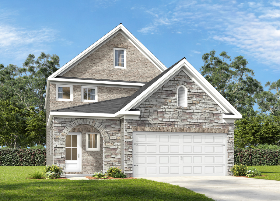 The Pinecrest J elevation featuring a two-story design with a brick and shingle exterior and a two-car garage.