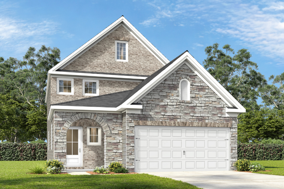 The Pinecrest J elevation featuring a two-story design with a brick and shingle exterior and a two-car garage.