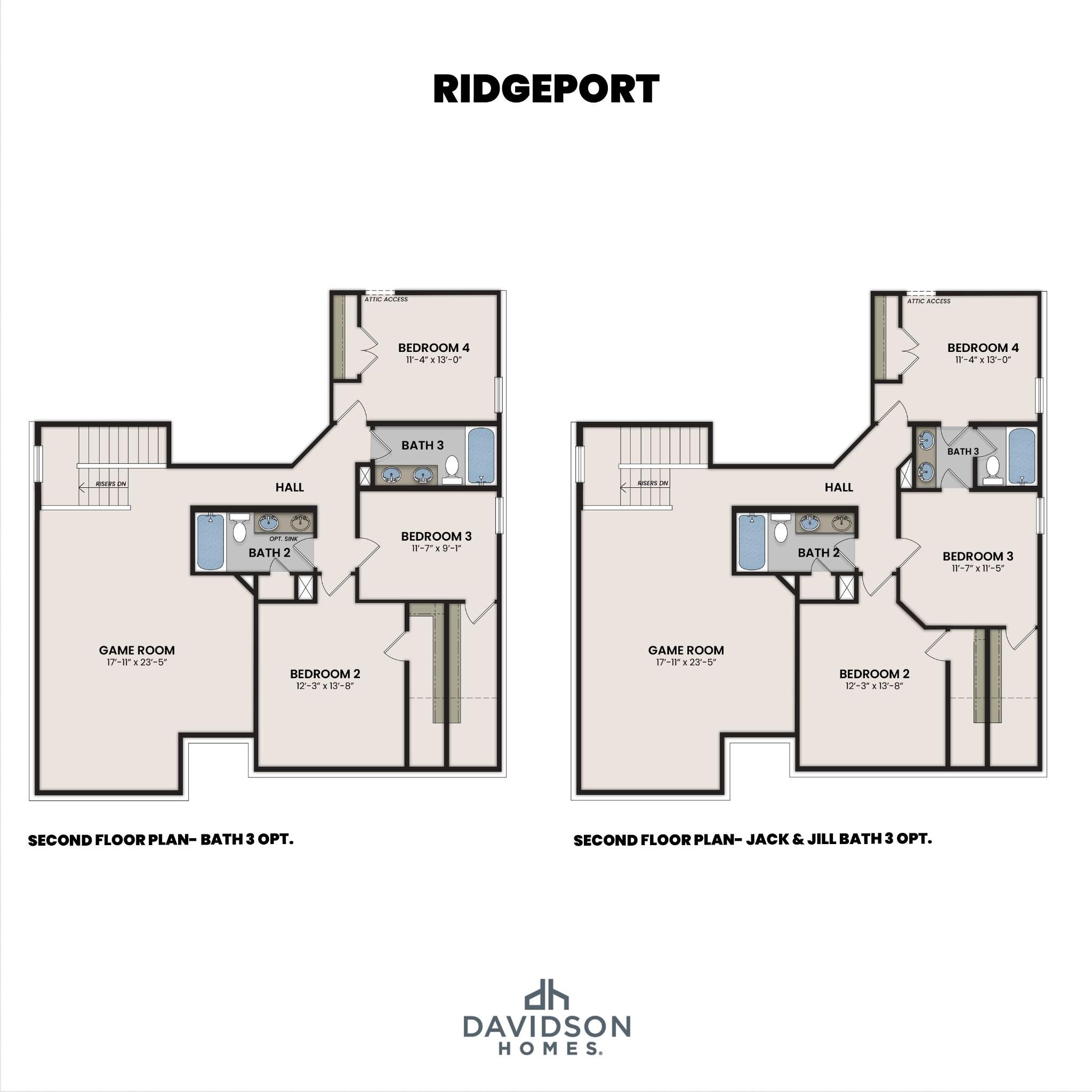 Second floor plan of Davidson Homes Ridgeport in Bradshaw Farms, Mt. Juliet, TN showing 3 bedrooms, game room, and bath options