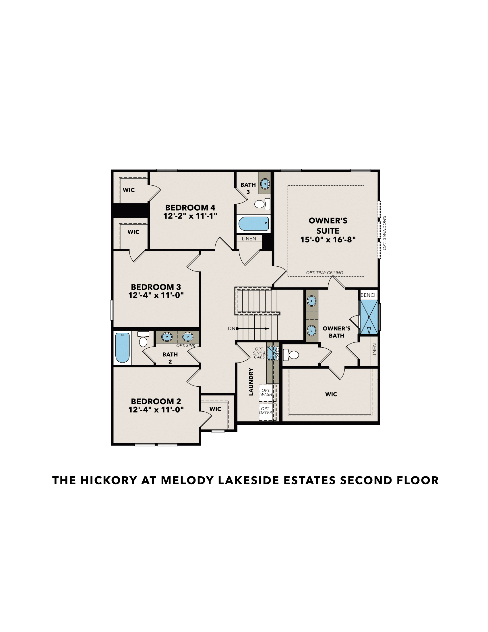 Second floor plan of The Hickory featuring spacious owner's suite, two bedrooms, baths, and linen closet