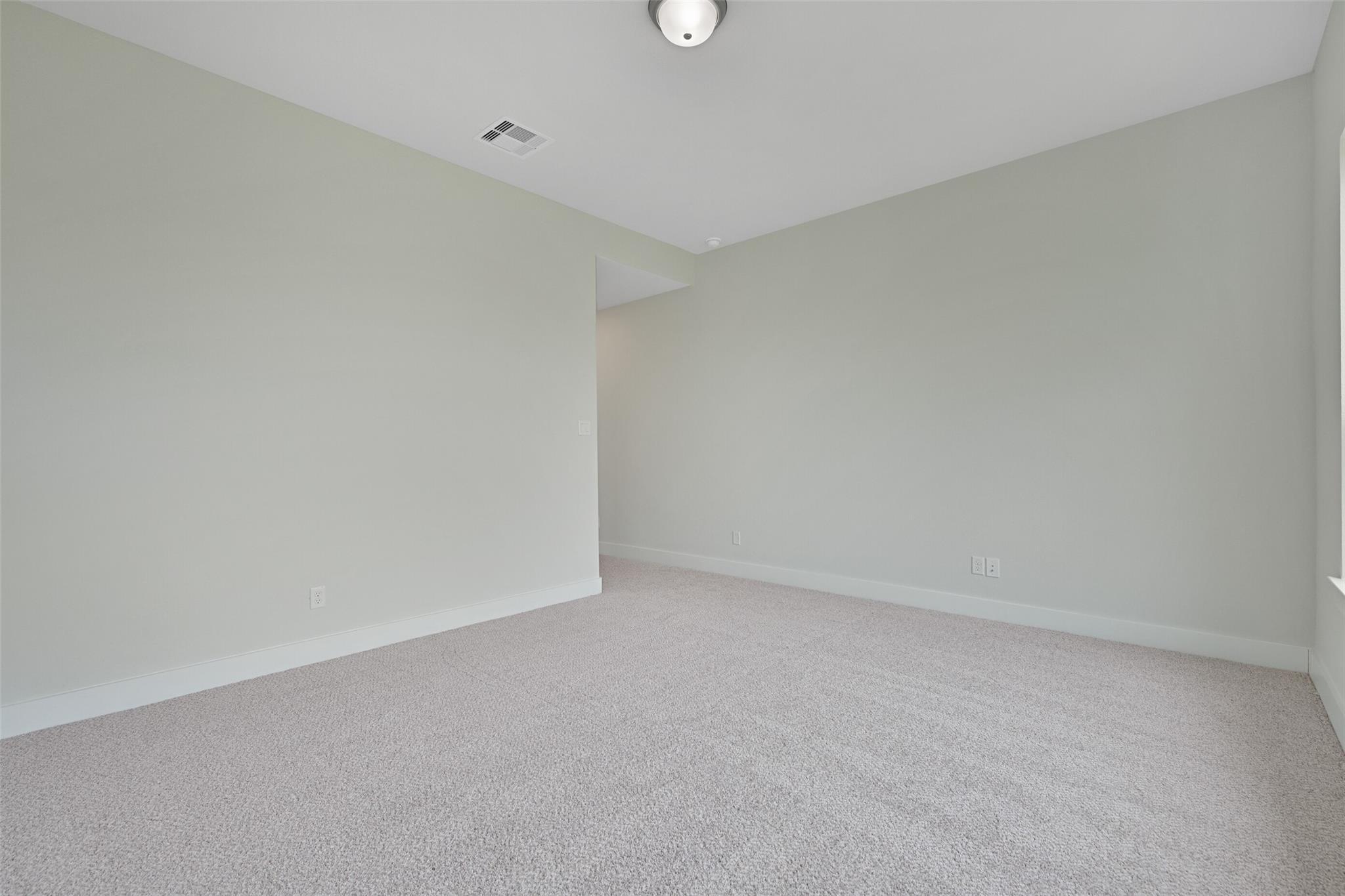 Empty bedroom with sage green walls, plush beige carpet, and window in Davidson Homes The Edward C, Lago Mar, Texas City