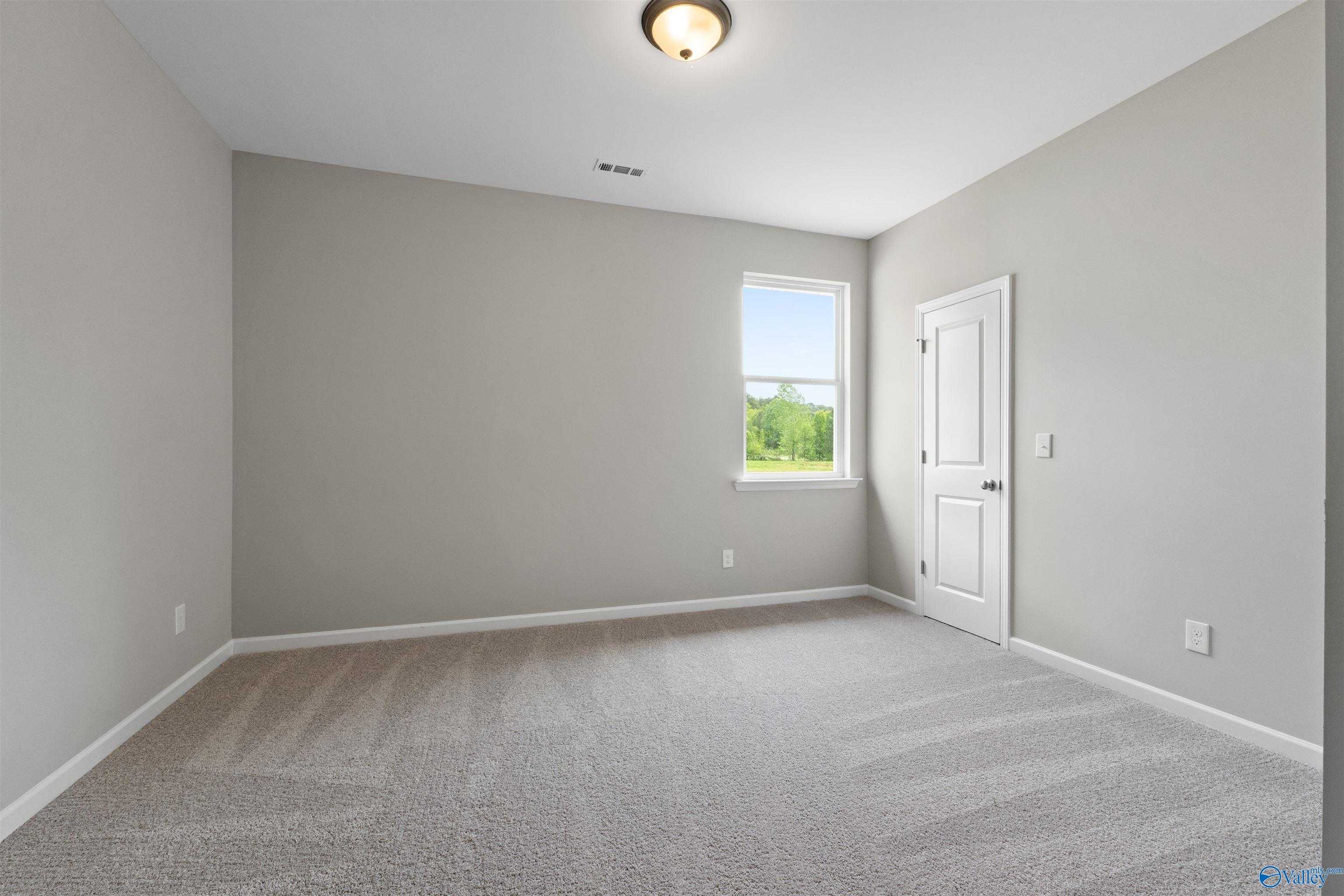 Bright secondary bedroom featuring gray walls, carpeted floor, and sunny window in Davidson Homes The Luna, Hazel Green, Alabama