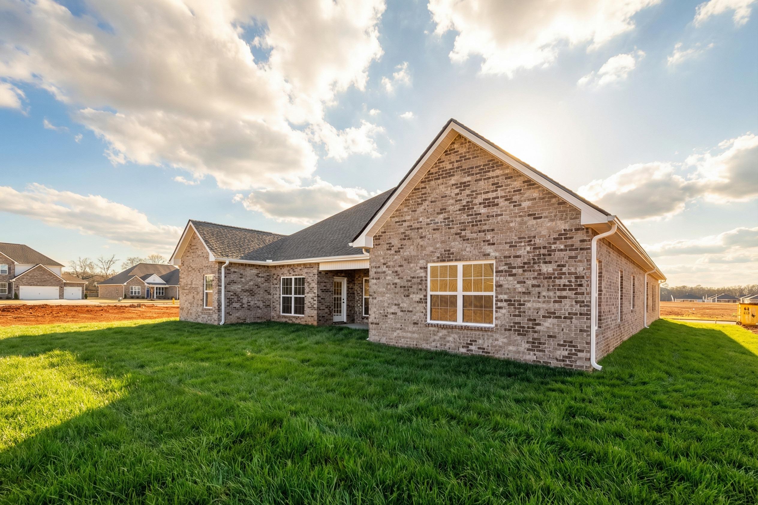Single-story brick Valencia home elevation with 3-car garage, large windows, and lush green lawn in sunny Meridianville Alabama