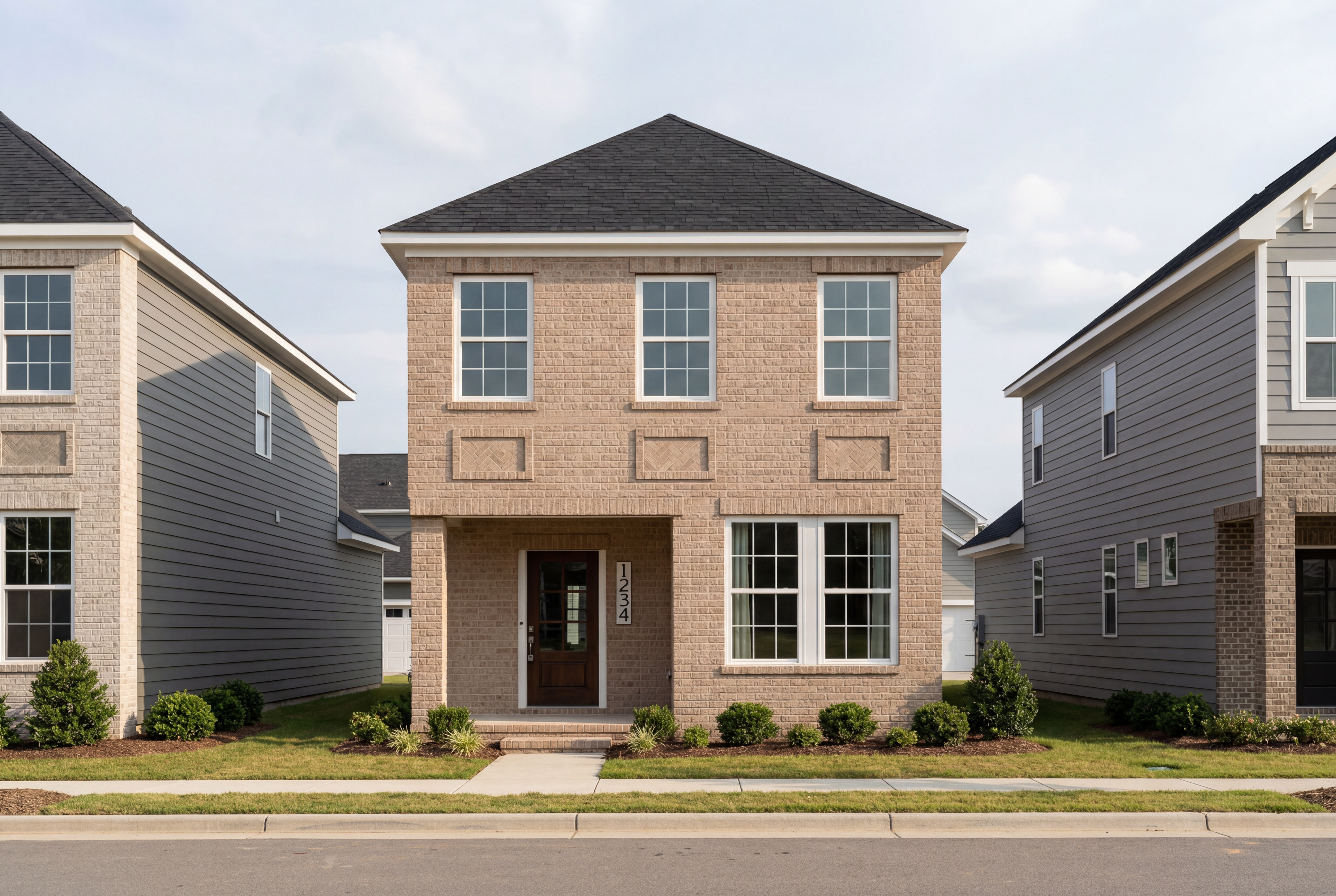 Two-story brick facade of The Alexander E home in Knightdale NC, featuring gabled roof, front porch, and landscaped yard