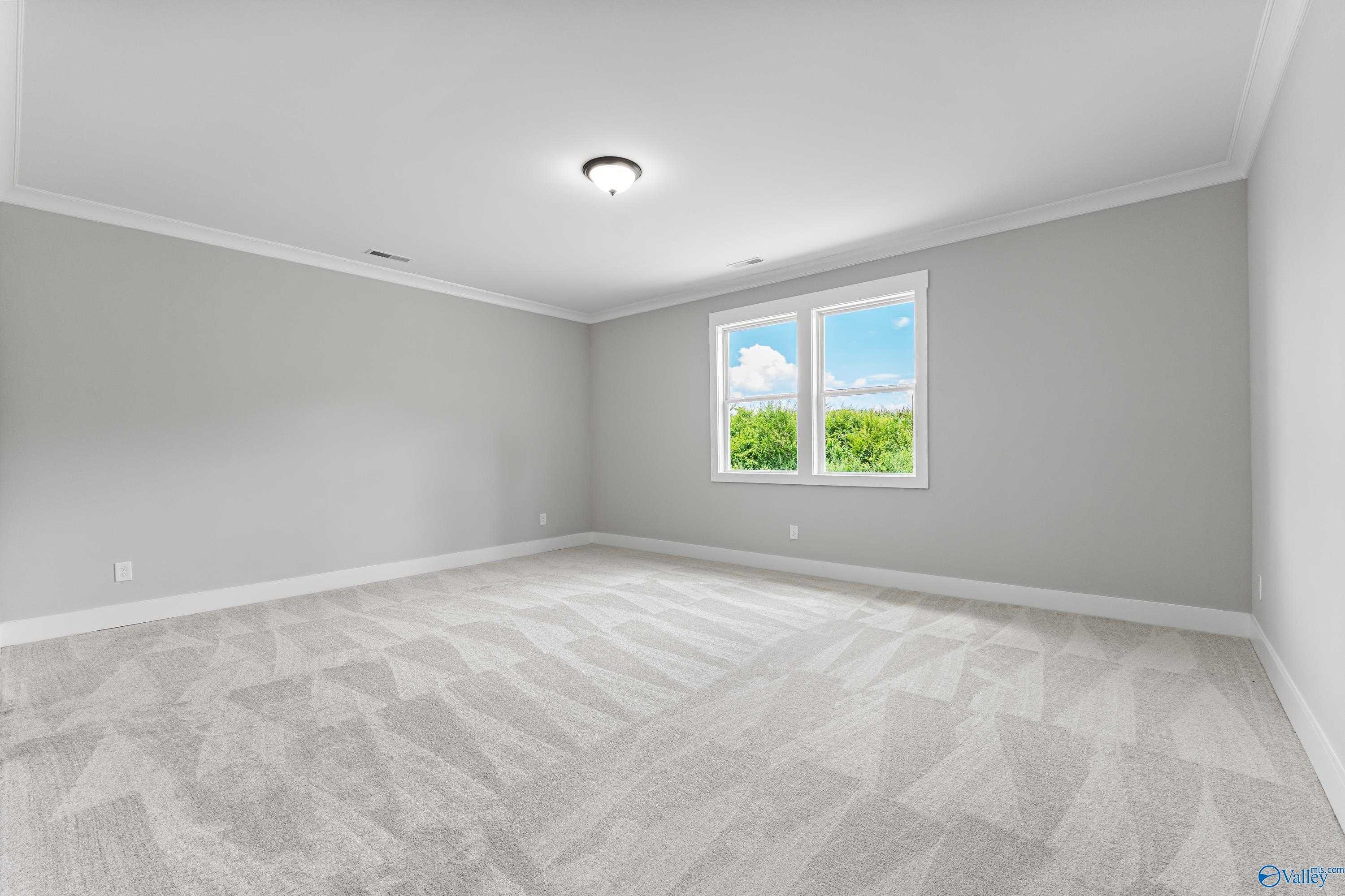 Bright bedroom with gray walls, carpet flooring, and sunny window view in Davidson Homes The Arcadia, Huntsville, AL