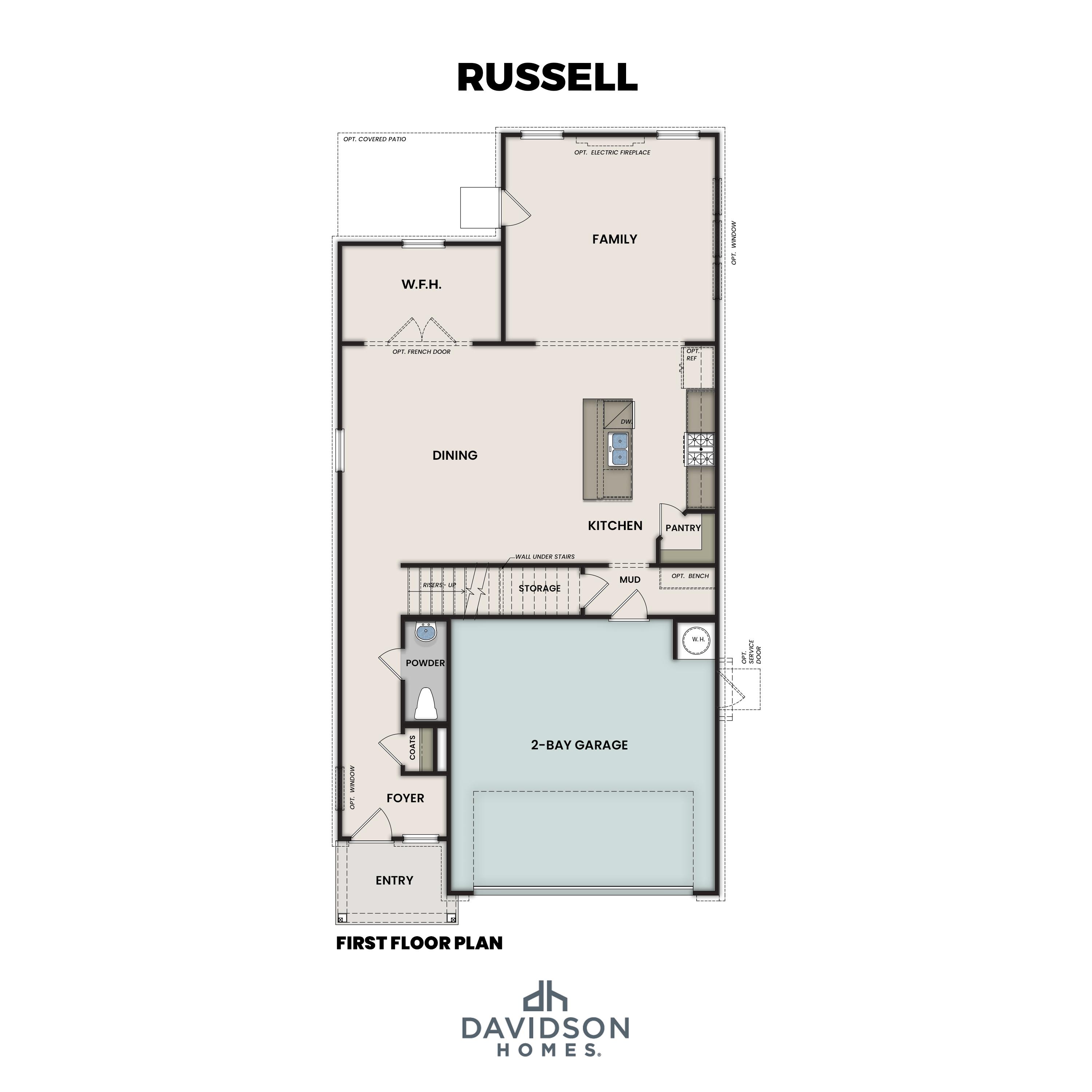 First floor plan of Russell by Davidson Homes: gourmet kitchen, open dining/family room, optional covered patio, 2-car garage