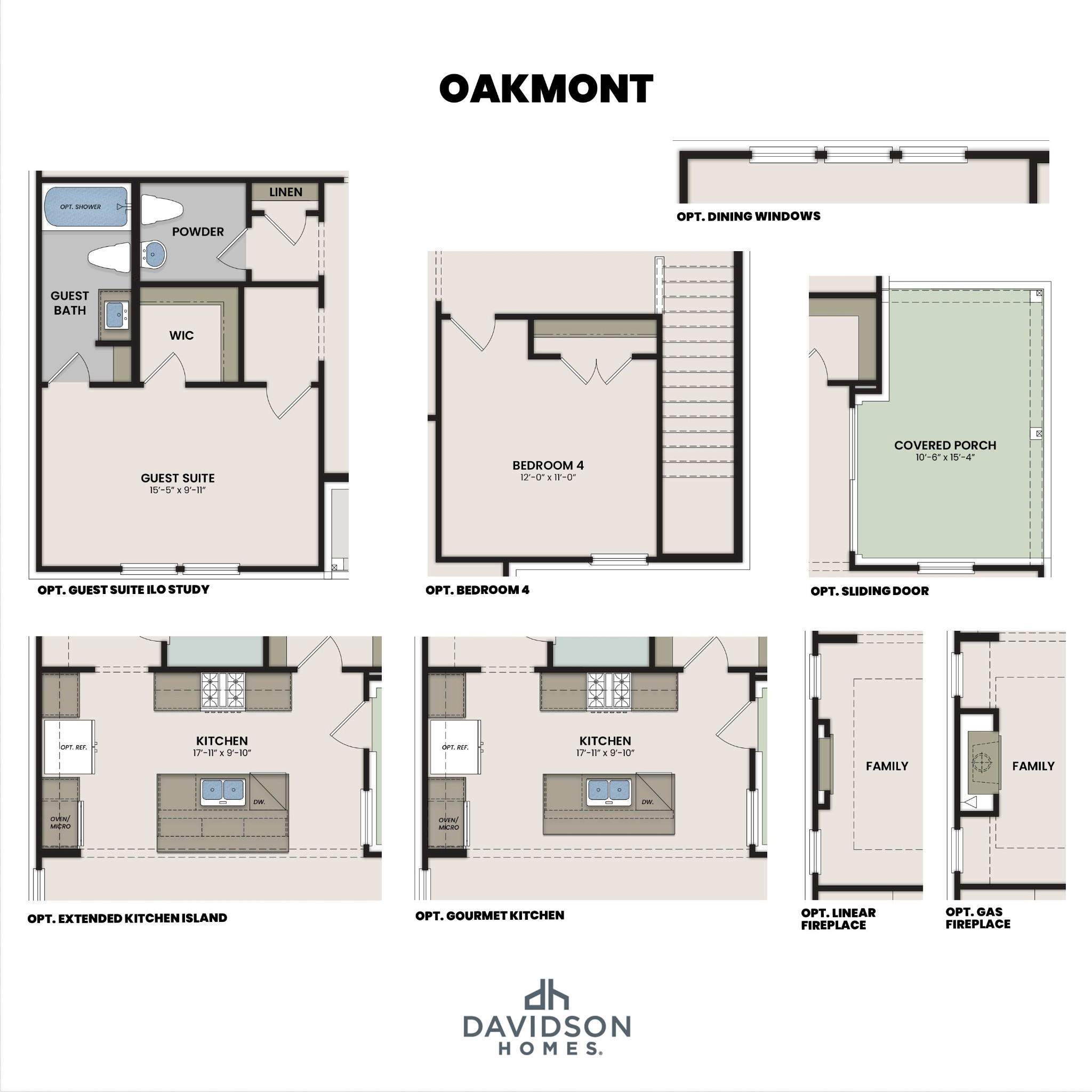 Oakmont B floor plan options by Davidson Homes showing guest suite, bedroom 4, gourmet kitchen, covered porch, and fireplace upgrades in Mt. Juliet, TN