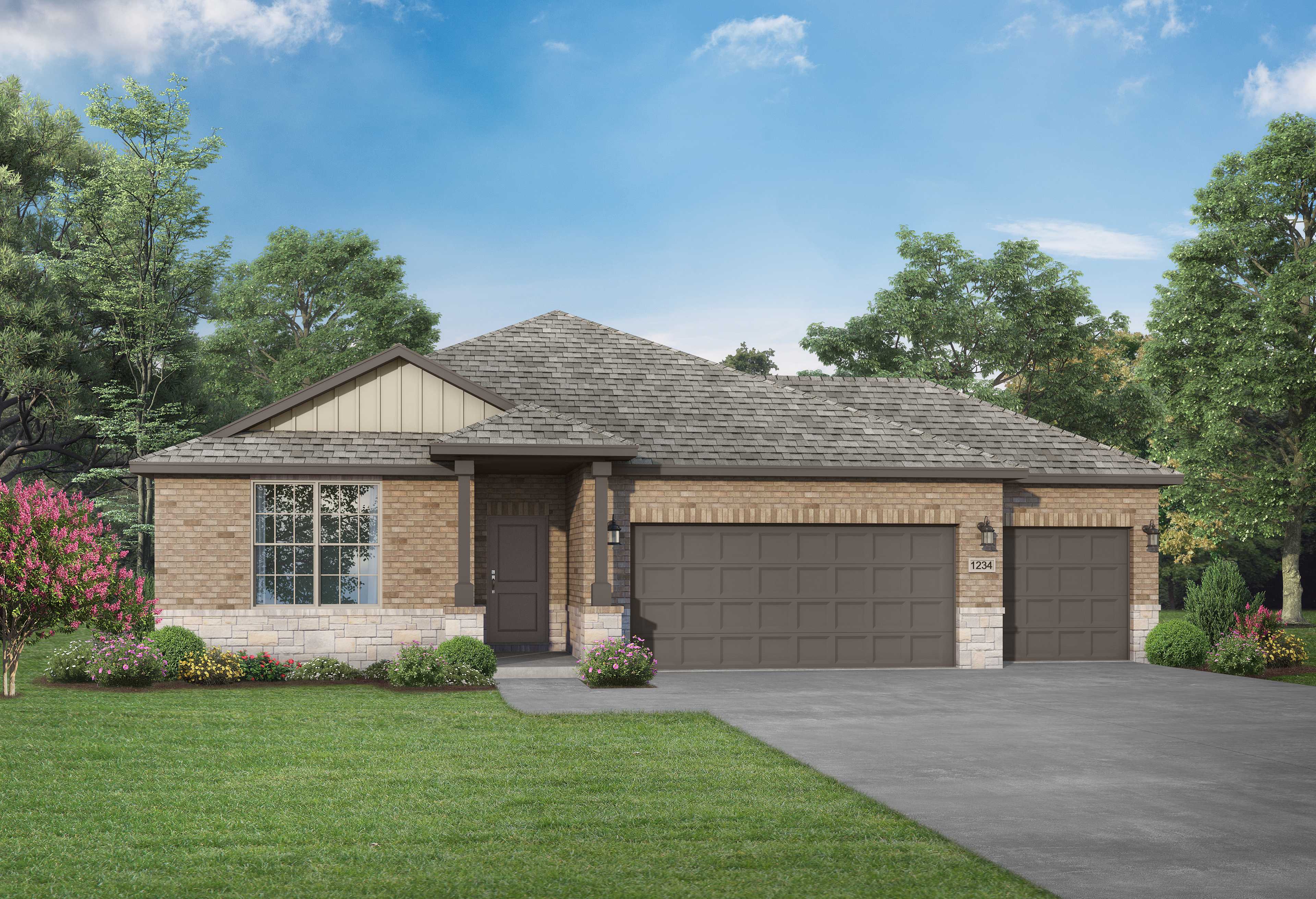 Modern single-story Daphne F elevation by Davidson Homes with brick and siding facade, 3-car garage, gabled roof, and lush landscaped yard