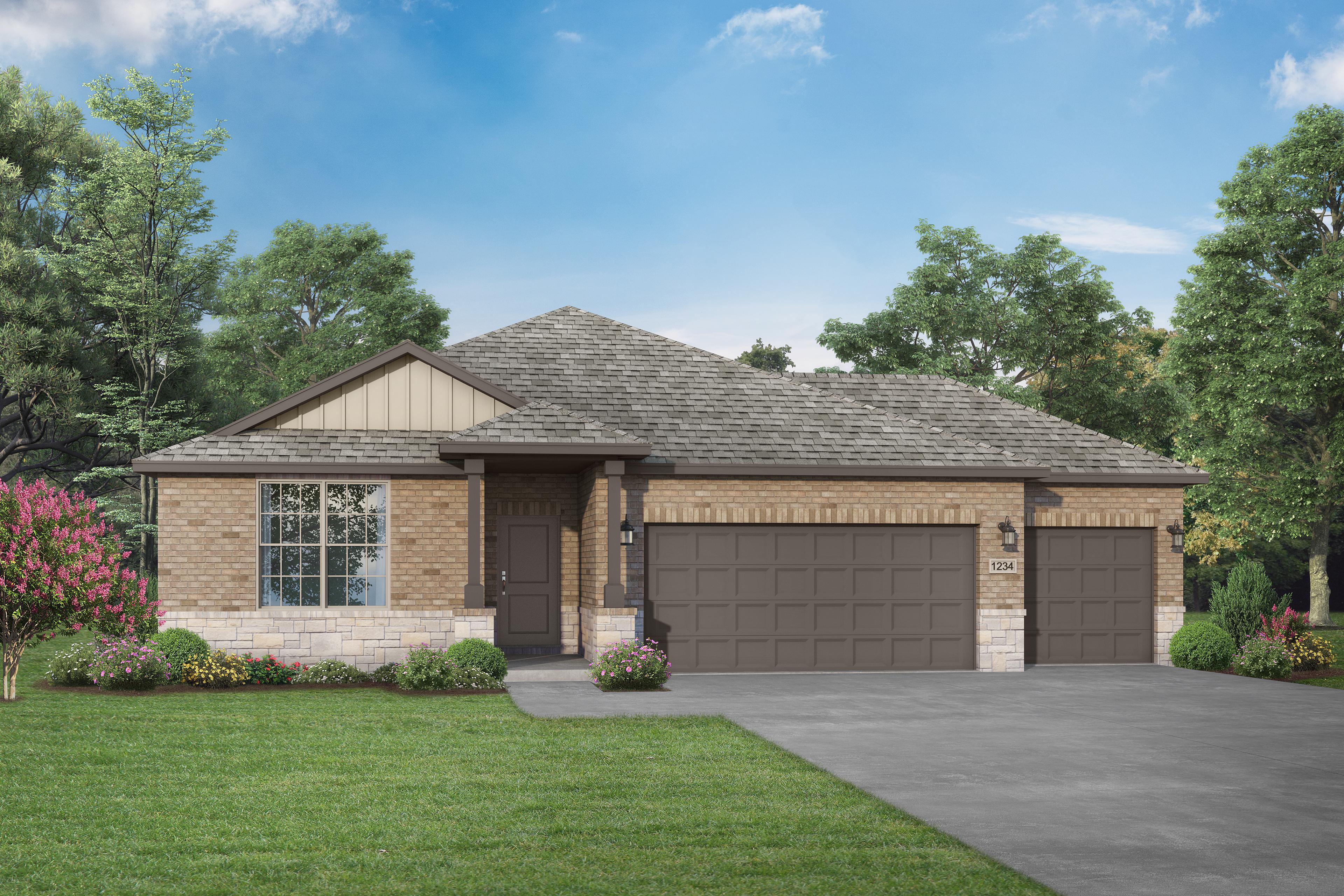 Modern single-story Daphne F elevation by Davidson Homes with brick and siding facade, 3-car garage, gabled roof, and lush landscaped yard