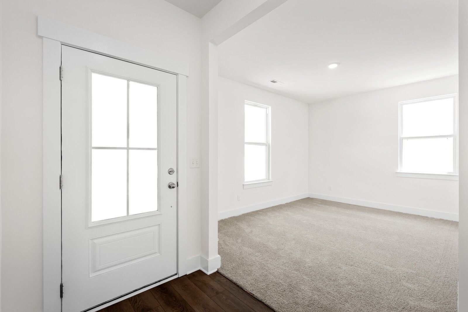 Bright entryway with glass-paneled white front door and carpeted living room in Davidson Homes Cottonwood E, Gallatin, Tennessee