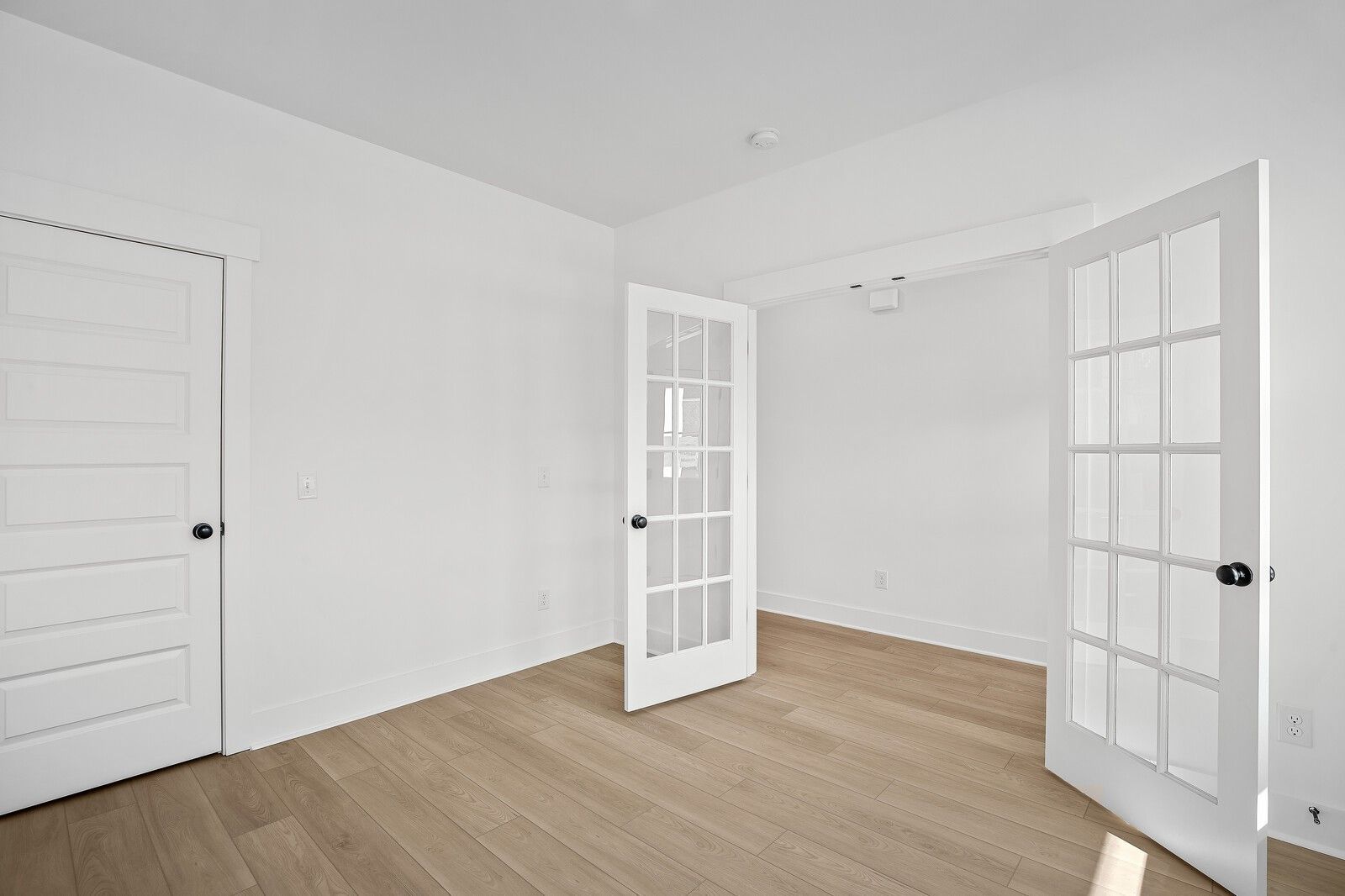 Bright interior hallway with open white glass-paneled doors and hardwood floors in Davidson Homes The Logan C, Gallatin, TN