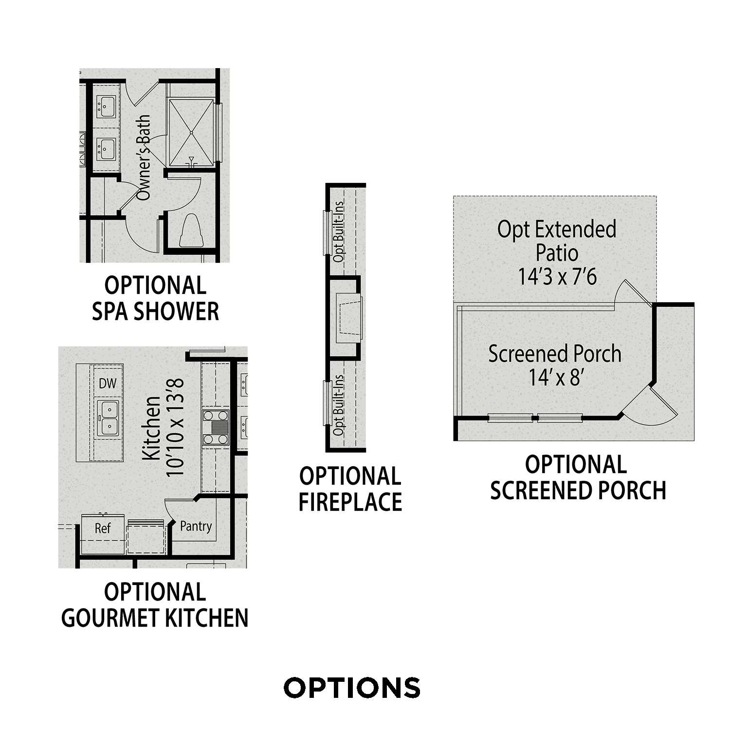 The Franklin C floor plan: owner's suite with optional spa shower, gourmet kitchen 10x10, fireplace, extended patio, screened porch 14x8
