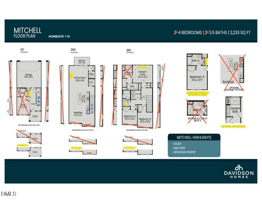Mitchell floor plan: 4-bed, 3.5-bath, 2233 sq ft 3-story townhome by Davidson Homes, elevations and layouts in Knightdale, NC