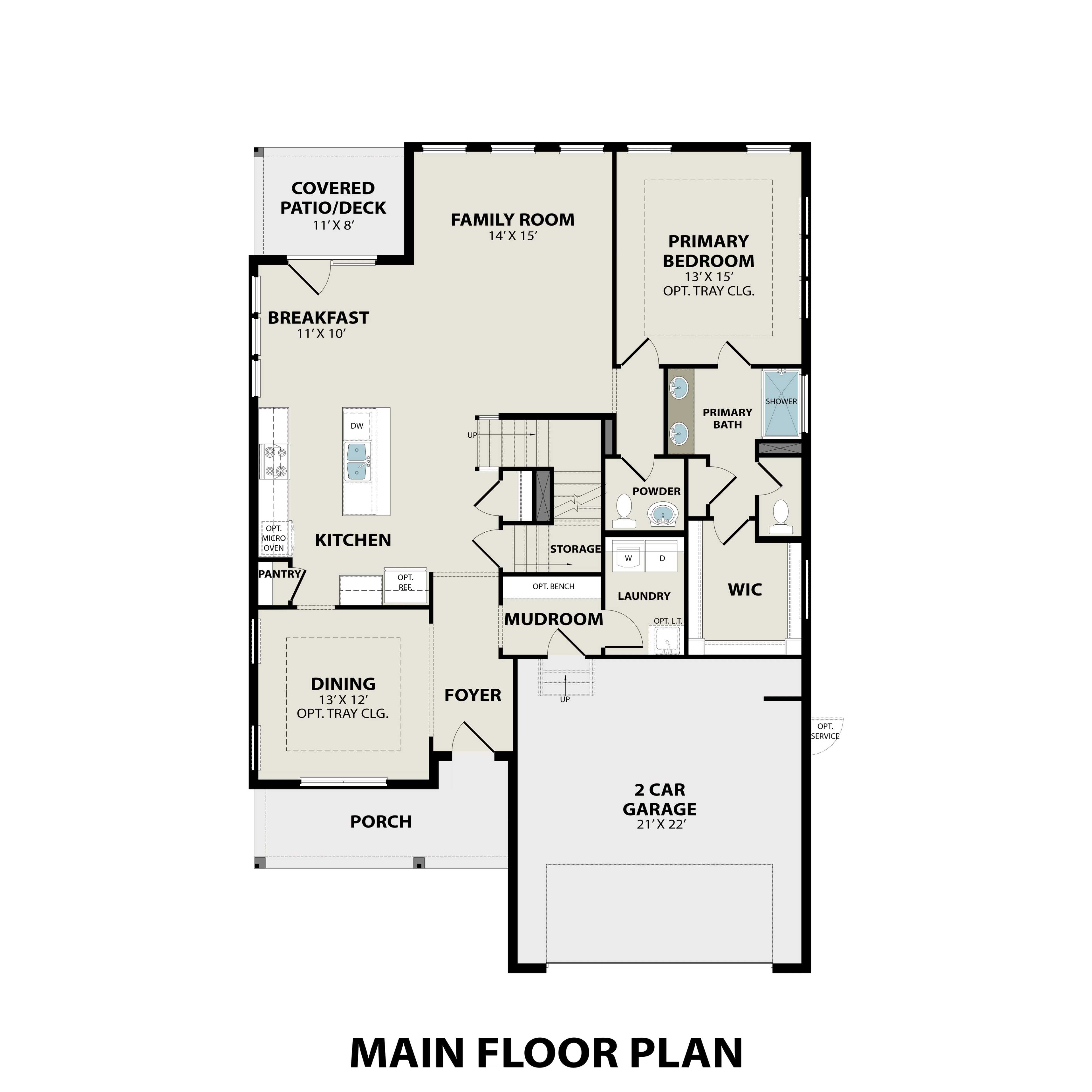First floor layout of The Ash M home design featuring open kitchen, family room, primary suite, and 2-car garage by Davidson Homes