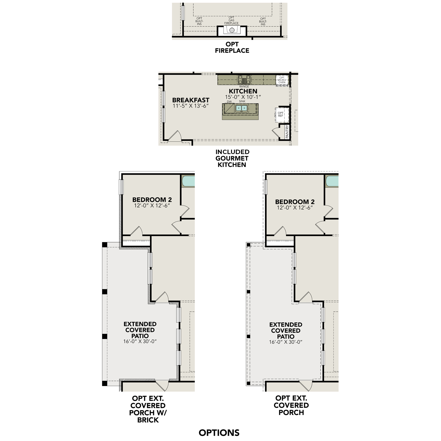 The Oxford floor plan: open gourmet kitchen with island, breakfast nook, fireplace, 4 bedrooms, covered patio, 3-car garage