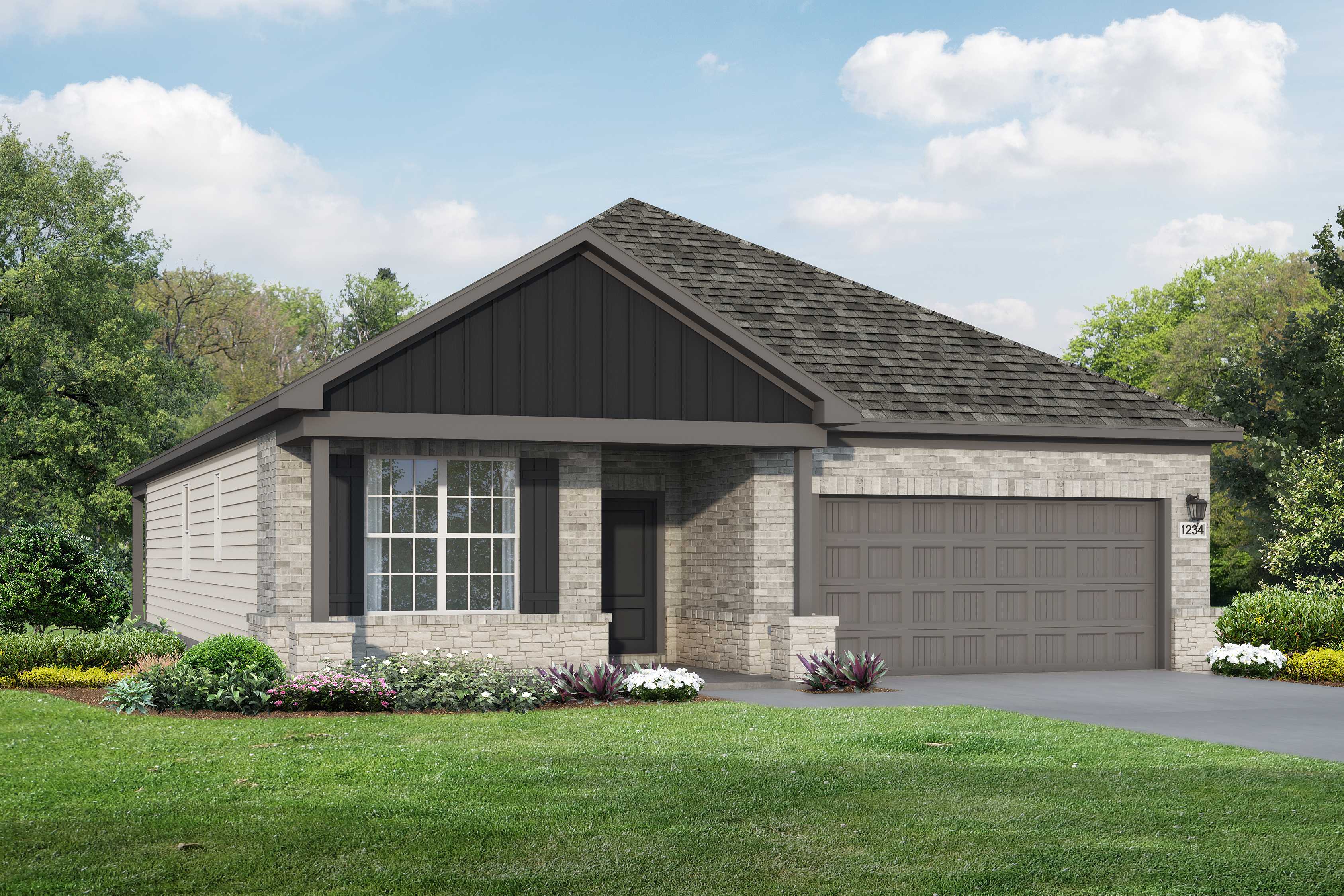 Single-story Everett C home elevation with stone accents, board-and-batten siding, dark shingled roof, 2-car garage, and lush landscaped yard in Crosby, Texas