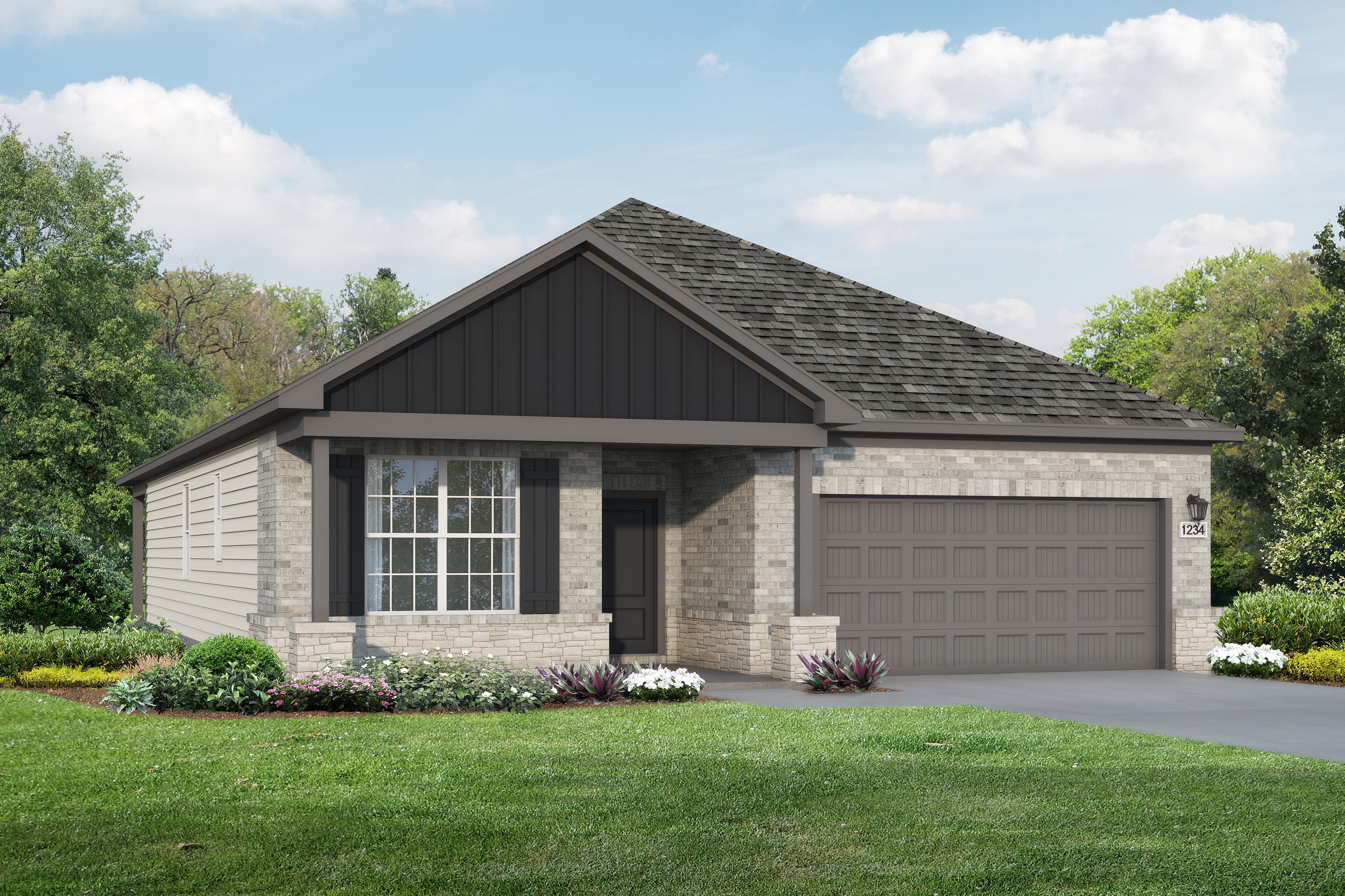 Single-story Everett C home elevation with stone accents, board-and-batten siding, dark shingled roof, 2-car garage, and lush landscaped yard in Crosby, Texas