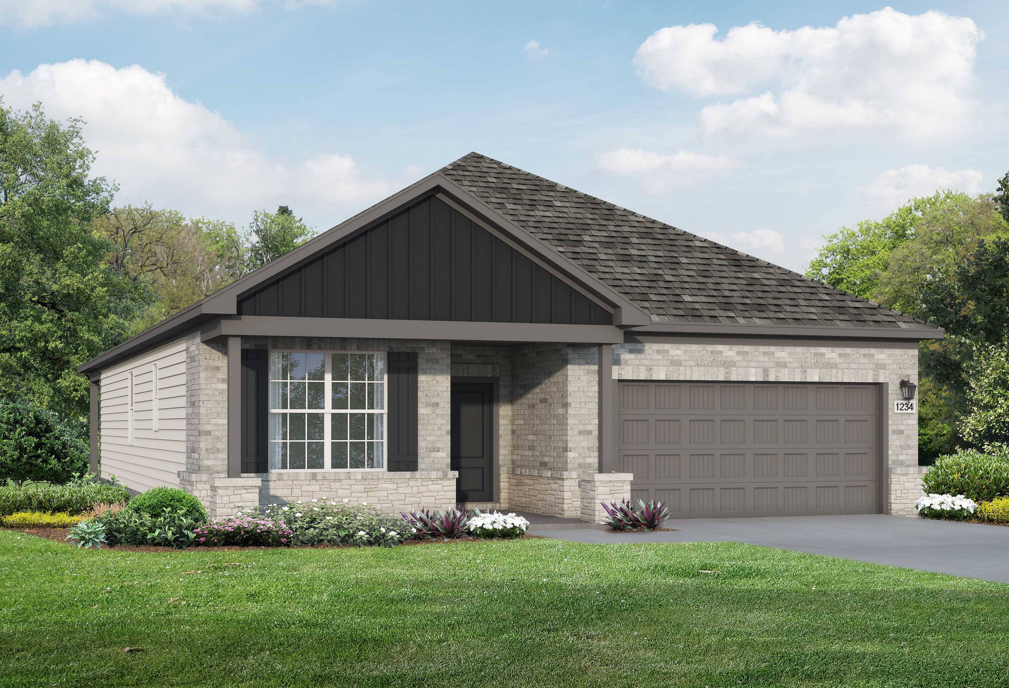 Single-story Everett C home elevation with stone accents, board-and-batten siding, dark shingled roof, 2-car garage, and lush landscaped yard in Crosby, Texas
