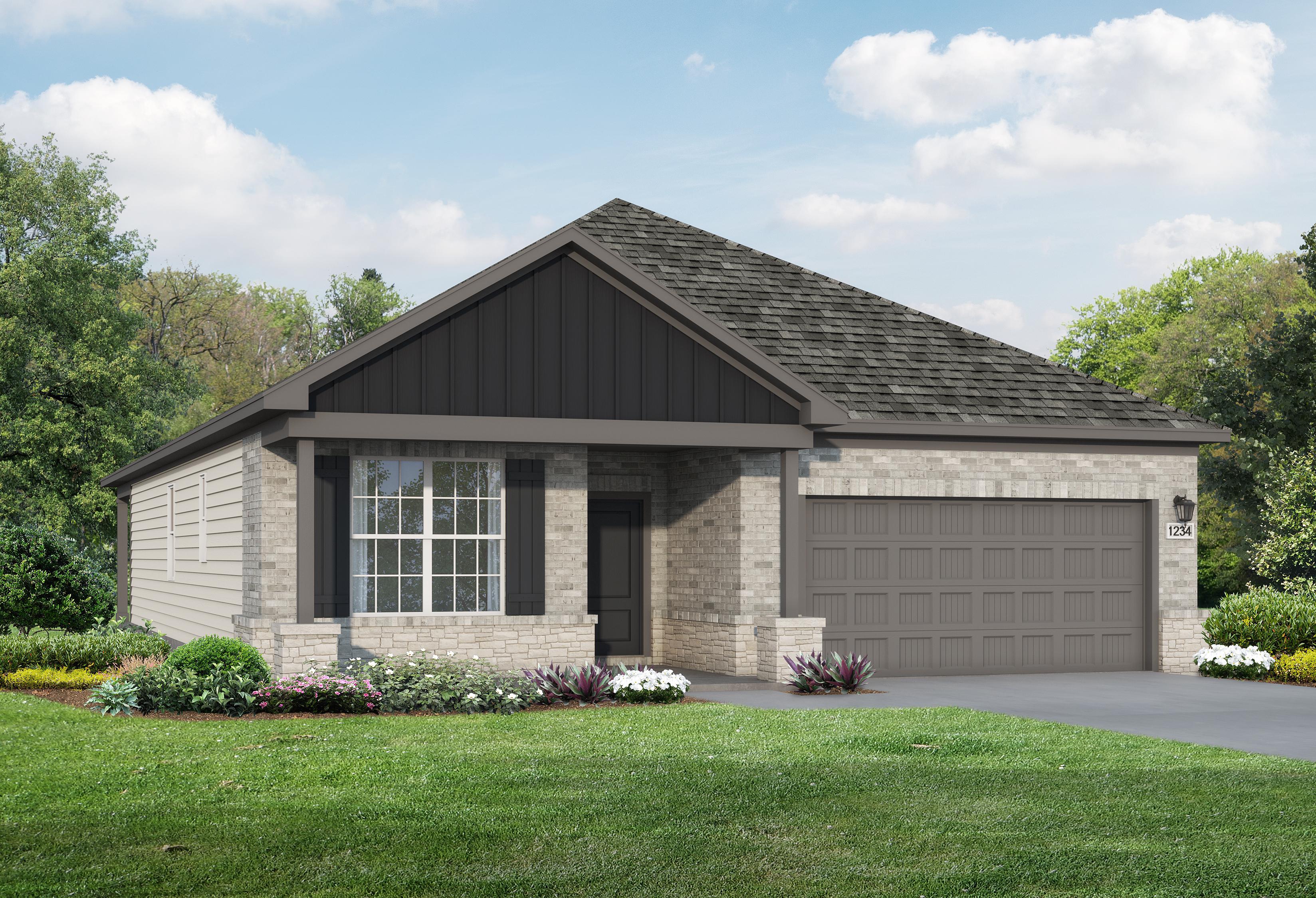 Single-story Everett C home elevation with stone accents, board-and-batten siding, dark shingled roof, 2-car garage, and lush landscaped yard in Crosby, Texas