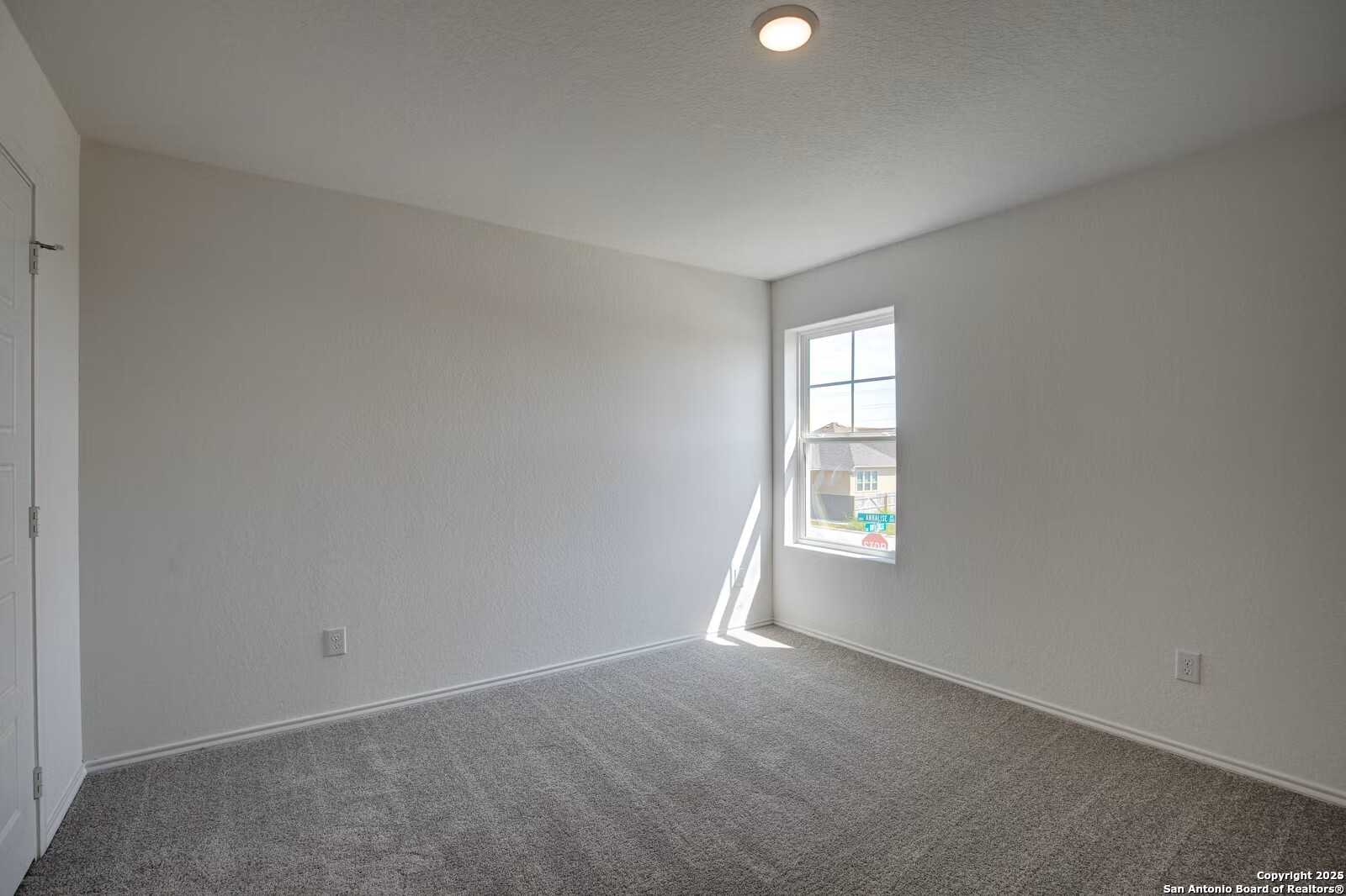 Bright secondary bedroom with carpeted floor, neutral walls, and sunlit window in Davidson Homes The Douglas B, Seguin, Texas