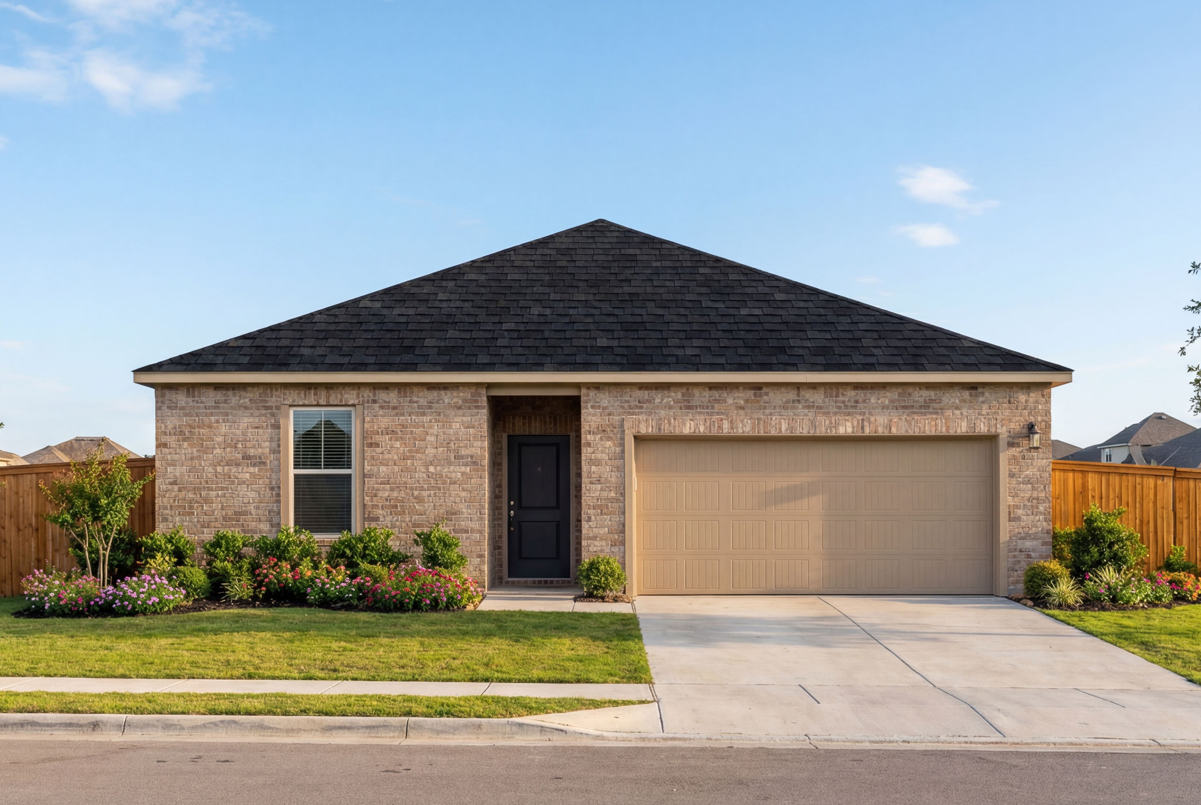 Charming brick single-story exterior of The Redbud A with gabled black roof, 2-car garage, and landscaped yard