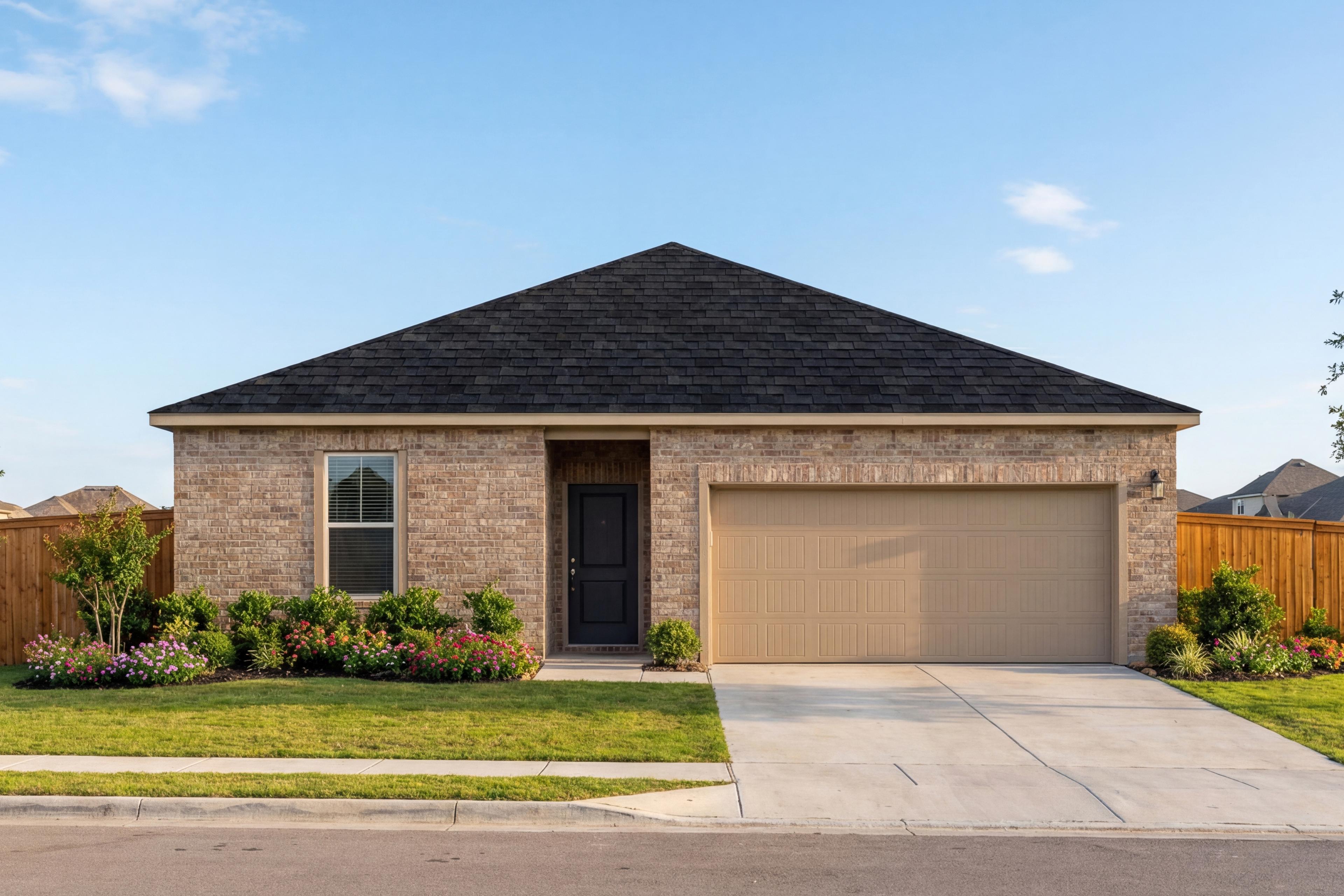Charming brick single-story exterior of The Redbud A with gabled black roof, 2-car garage, and landscaped yard