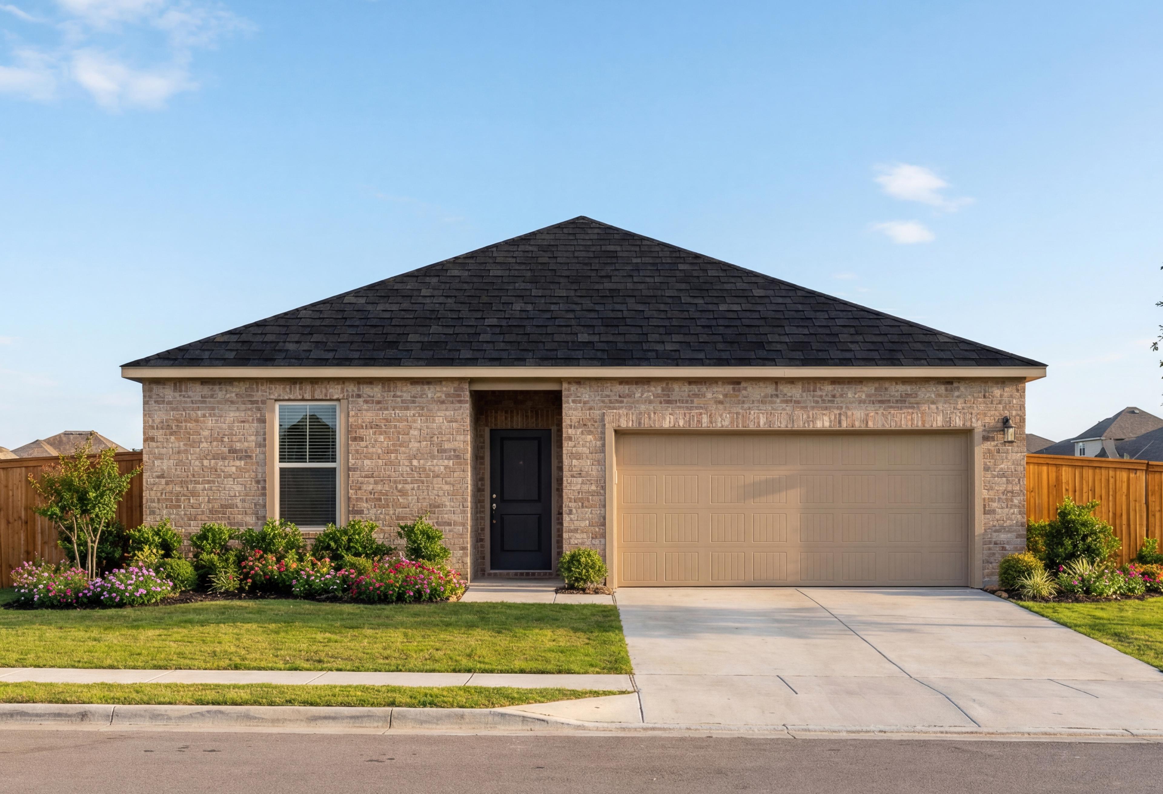 Charming brick single-story exterior of The Redbud A with gabled black roof, 2-car garage, and landscaped yard