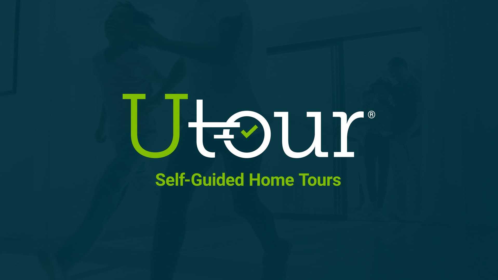 Green UTour logo with self-guided home tours text on blue background, featuring touring silhouettes