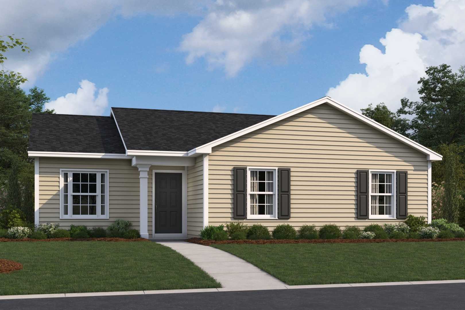 Charming one-story exterior of The Washington featuring beige siding, gabled roof, black shutters, and landscaped yard in Phenix City