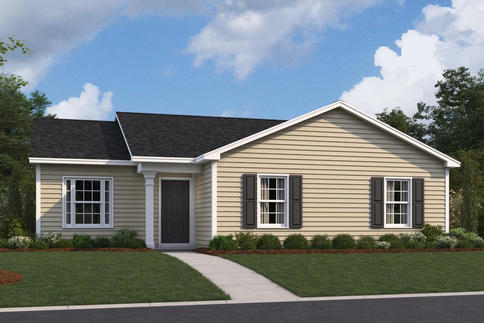 Charming one-story exterior of The Washington featuring beige siding, gabled roof, black shutters, and landscaped yard in Phenix City