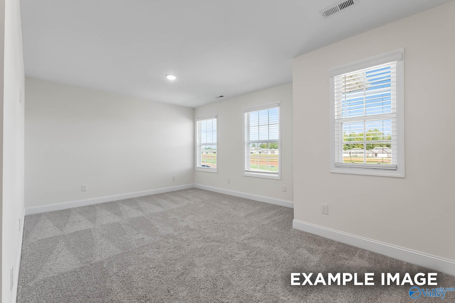 Bright secondary bedroom with large windows, white blinds, and plush gray carpet in The Shelby A, Hazel Green, Alabama