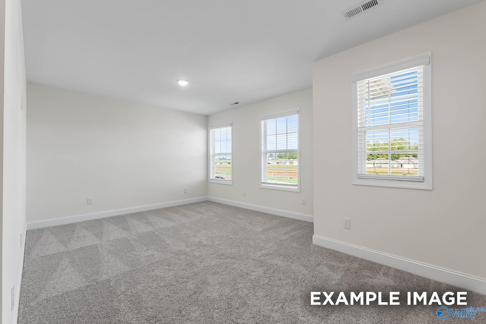 Bright secondary bedroom with large windows, white blinds, and plush gray carpet in The Shelby A, Hazel Green, Alabama