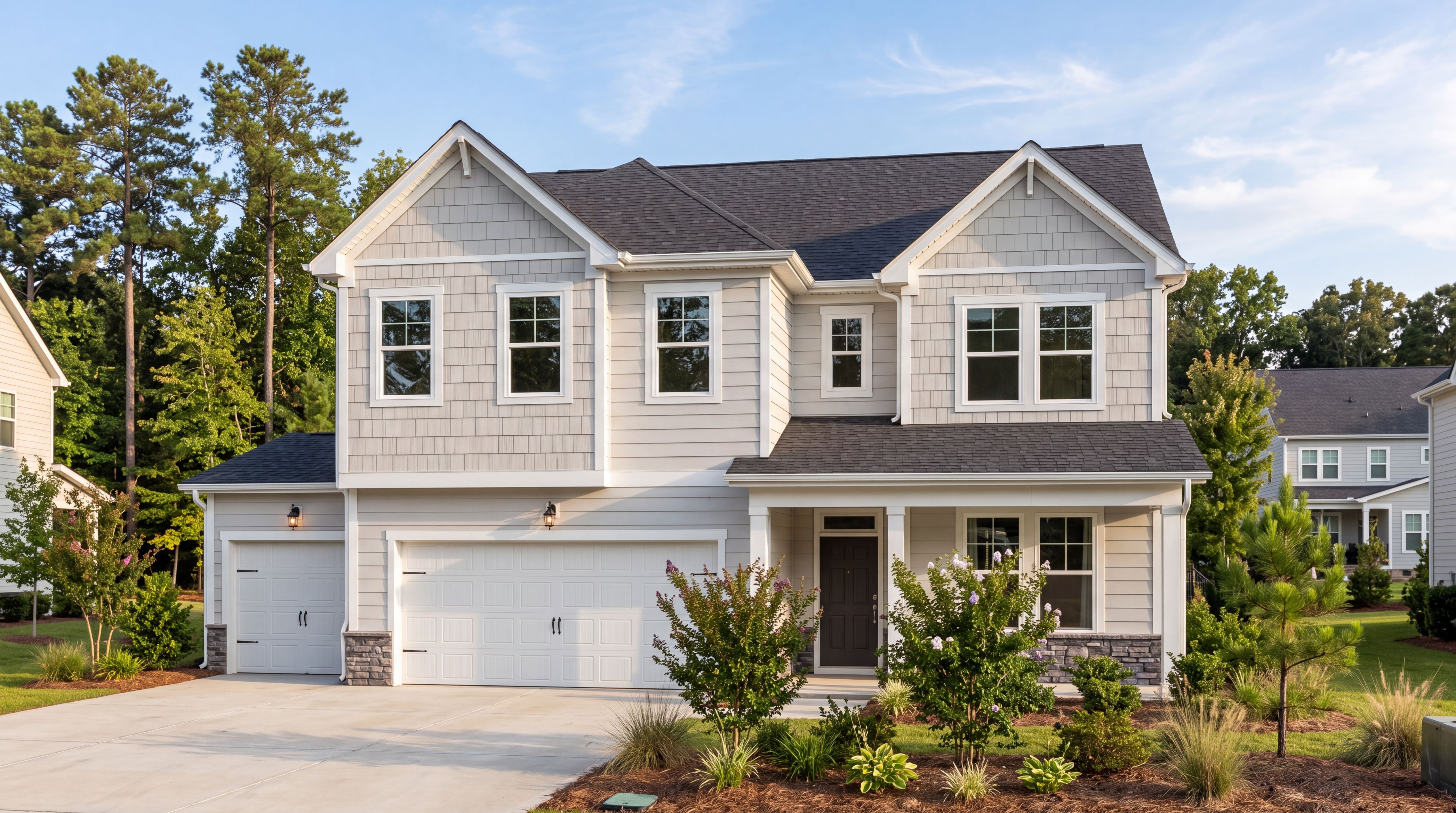 Two-story Davidson Homes exterior at Rockport in Wake Forest, NC featuring gray siding, stone accents, and a garage.