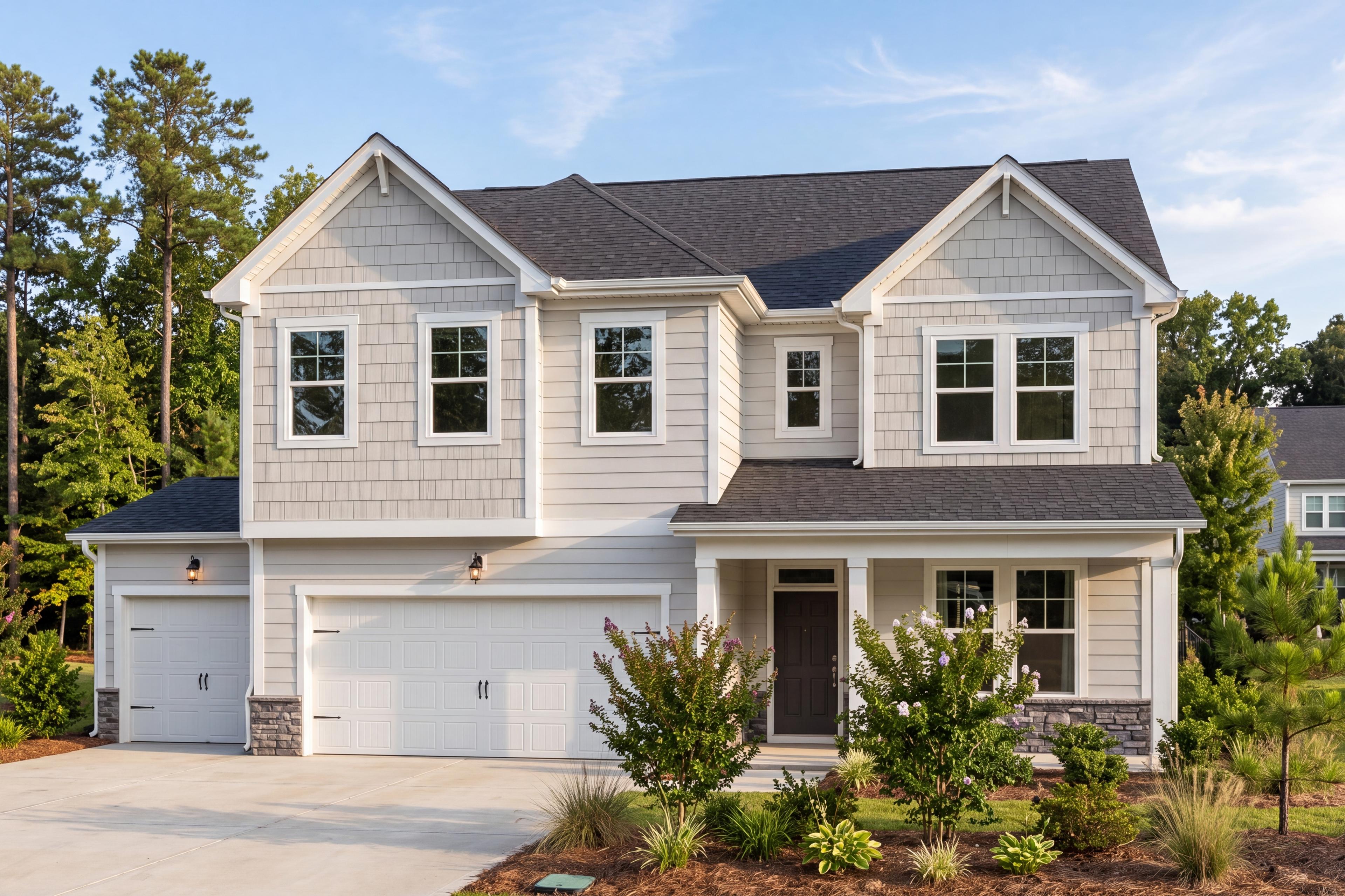 Two-story Davidson Homes exterior at Rockport in Wake Forest, NC featuring gray siding, stone accents, and a garage.