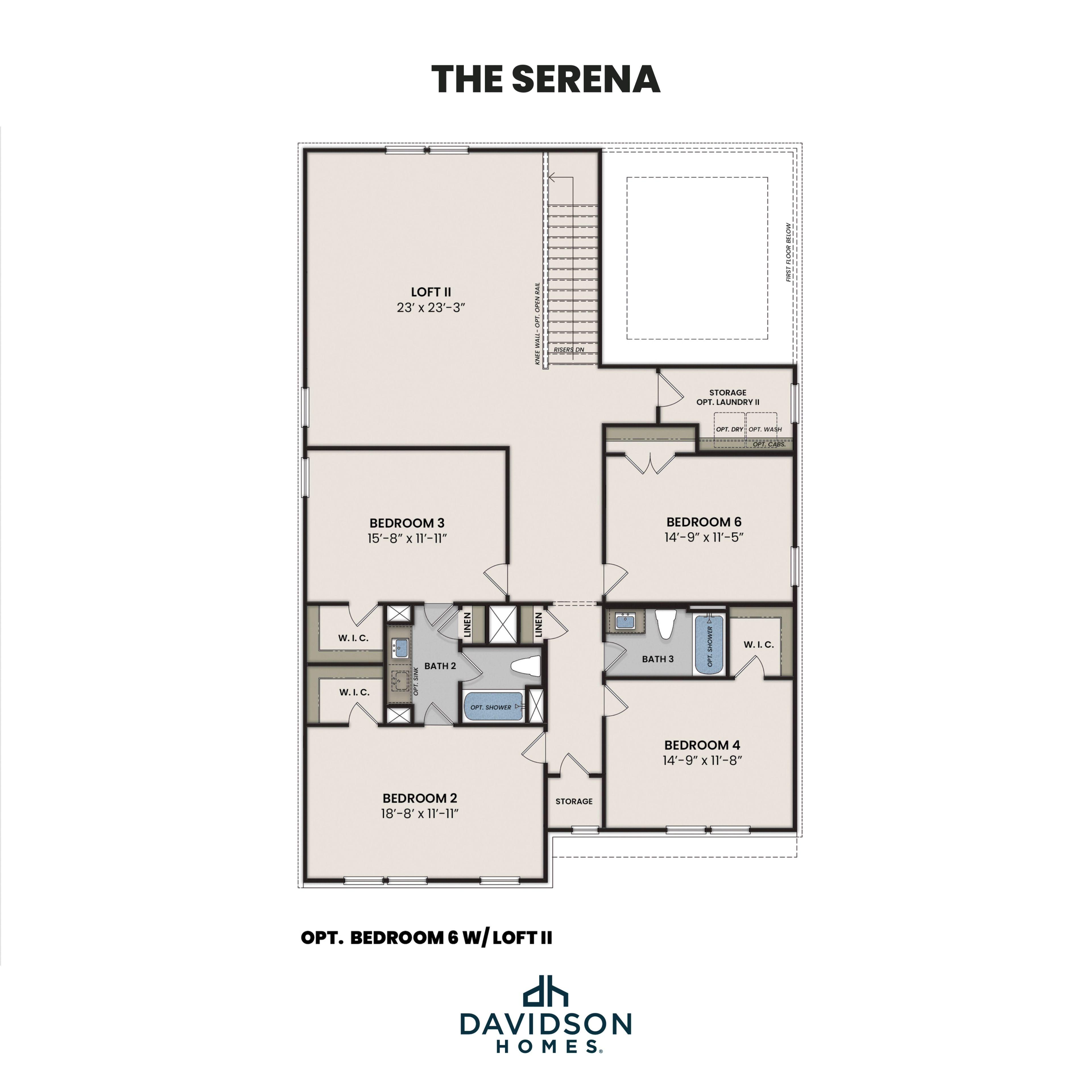 The Serena second floor plan featuring Loft II, bedrooms 2-4 and optional 6, baths 2-3, storage, Davidson Homes design
