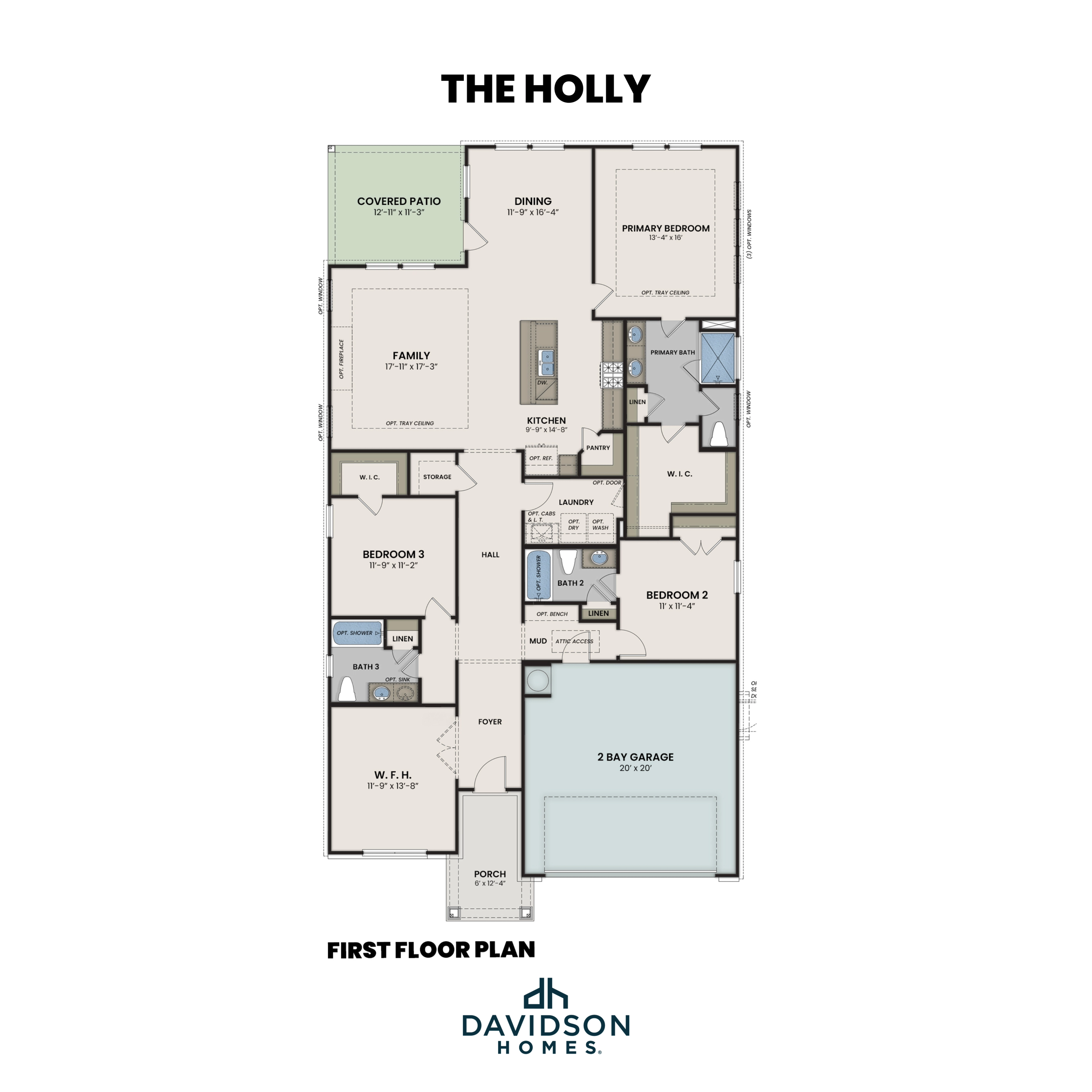 The Holly first floor plan: 3-4 bed, 3 bath, 2,072 sq ft layout with primary suite, open kitchen-family room, covered patio, 2-car garage