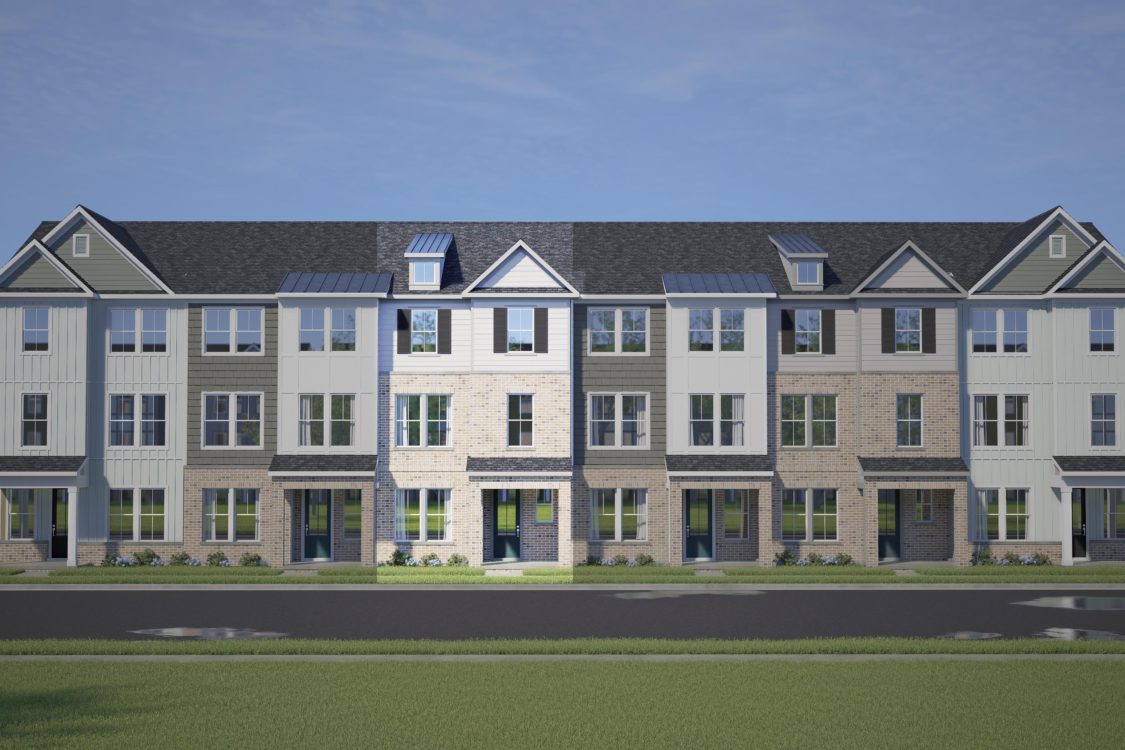 Row of three-story The Mitchell townhomes with neutral siding, gabled roofs, porches, and garages in Knightdale NC